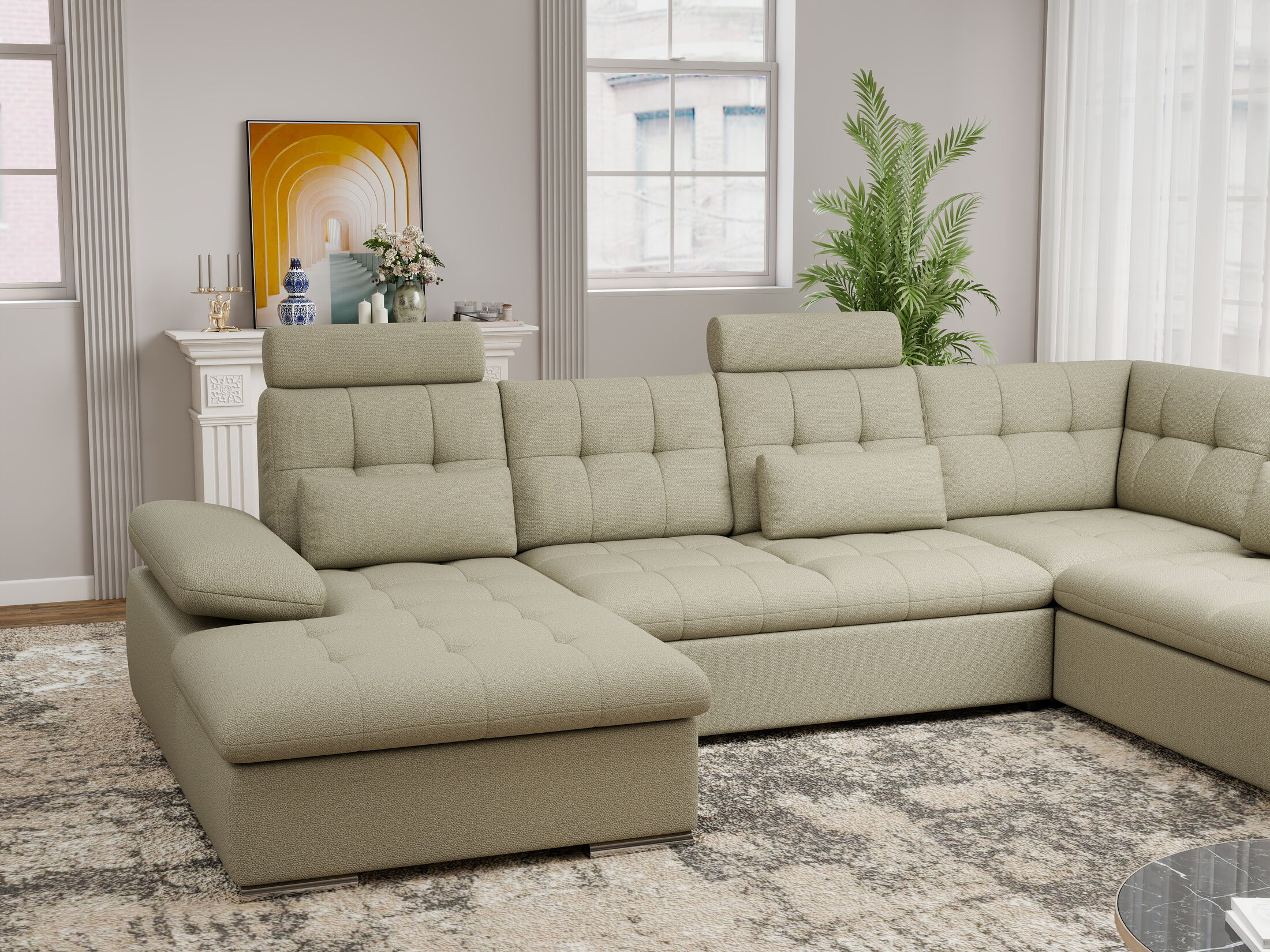 Colțar extensibil dumonde cu ladă de depozitare și șezut confortabil din spumă HR, Merkur U Enjoy Bej 324x218 cm