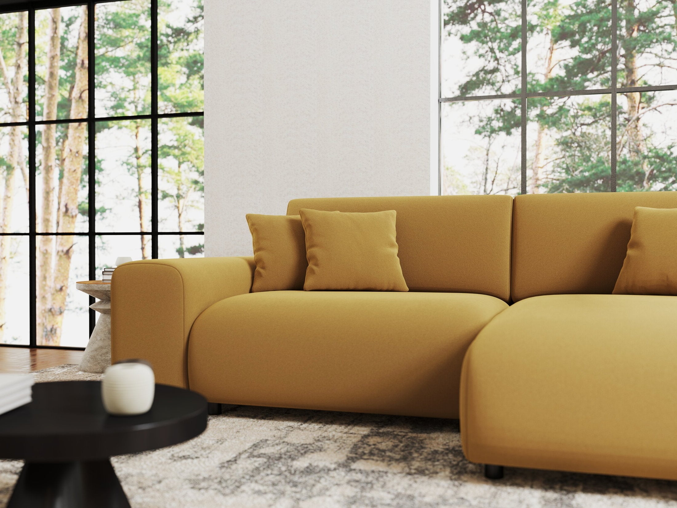 Colțar extensibil dumonde cu ladă de depozitare si sezut confortabil din spuma HR, Sarina Royal Mustar 255x168 cm II