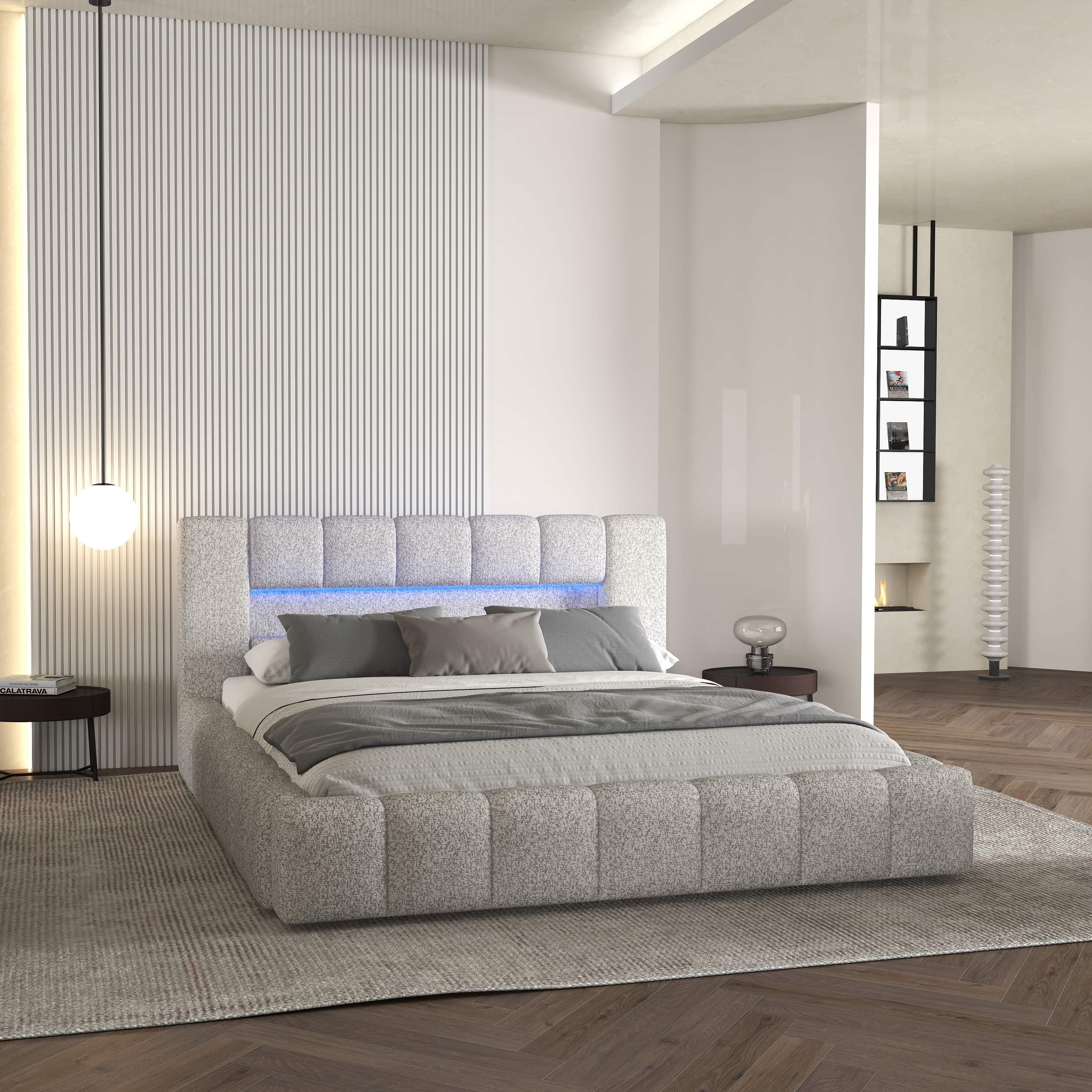 Pat dormitor dumonde, tapitat gri cu LED si USB, Palermo 160x200 cm, somiera rabatabila inclusa, spatiu depozitare WLS