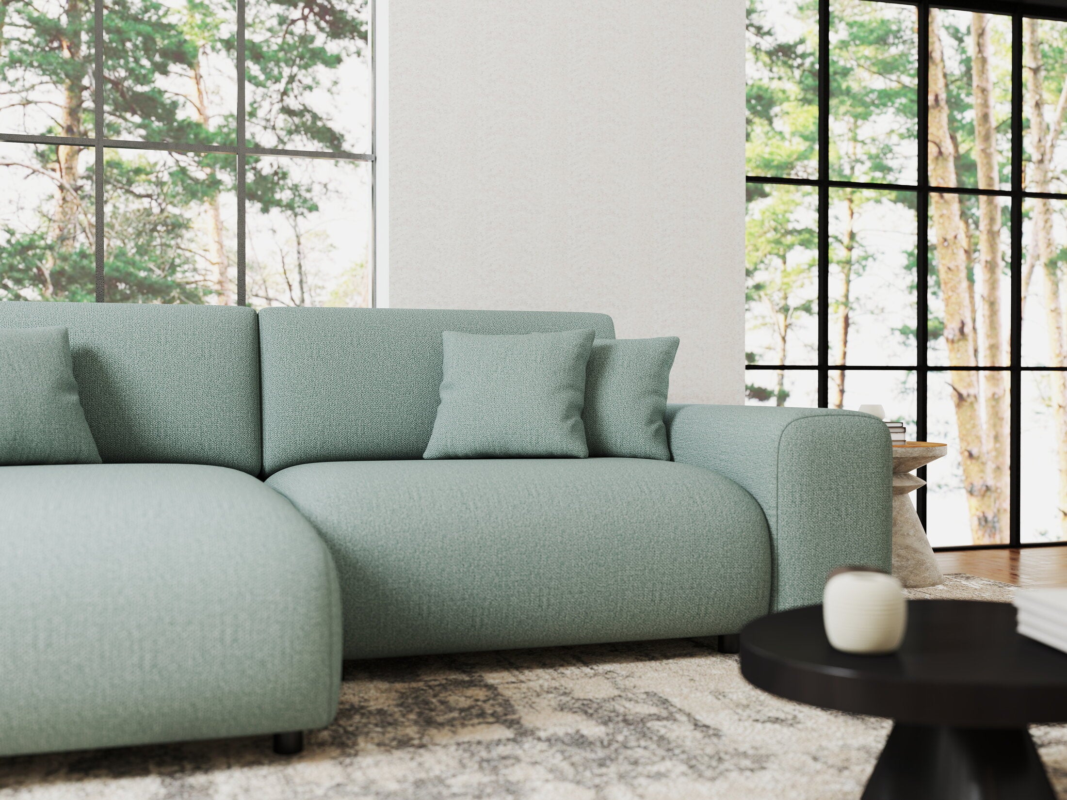 Colțar extensibil dumonde cu ladă de depozitare si sezut confortabil din spuma HR, Sarina Enjoy Verde Mint 255x168 cm