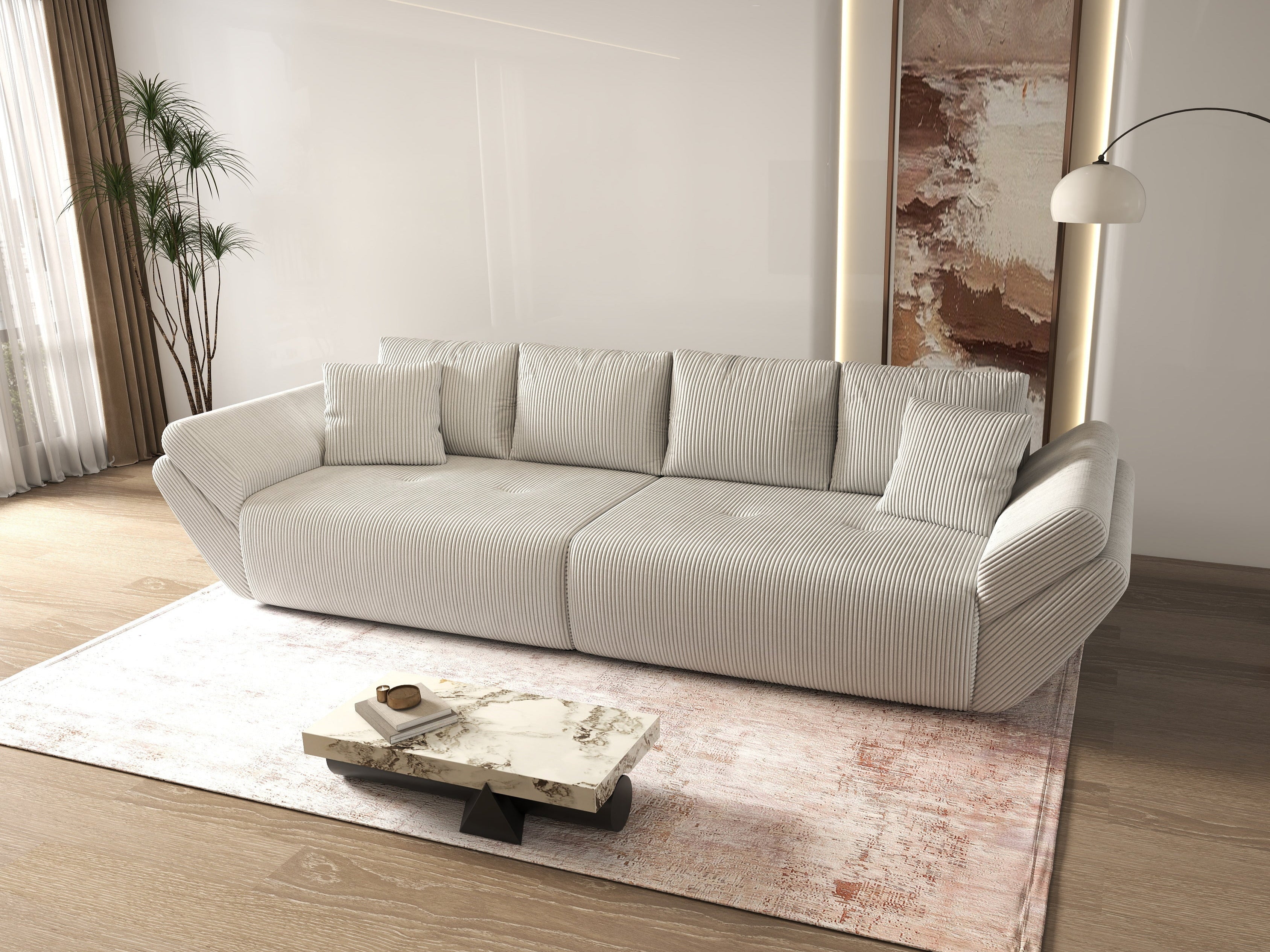 Canapea extensibilă dumonde cu ladă de depozitare si sezut confortabil din spuma HR, Berlin Zoom Bej 300x100 cm Fabrica