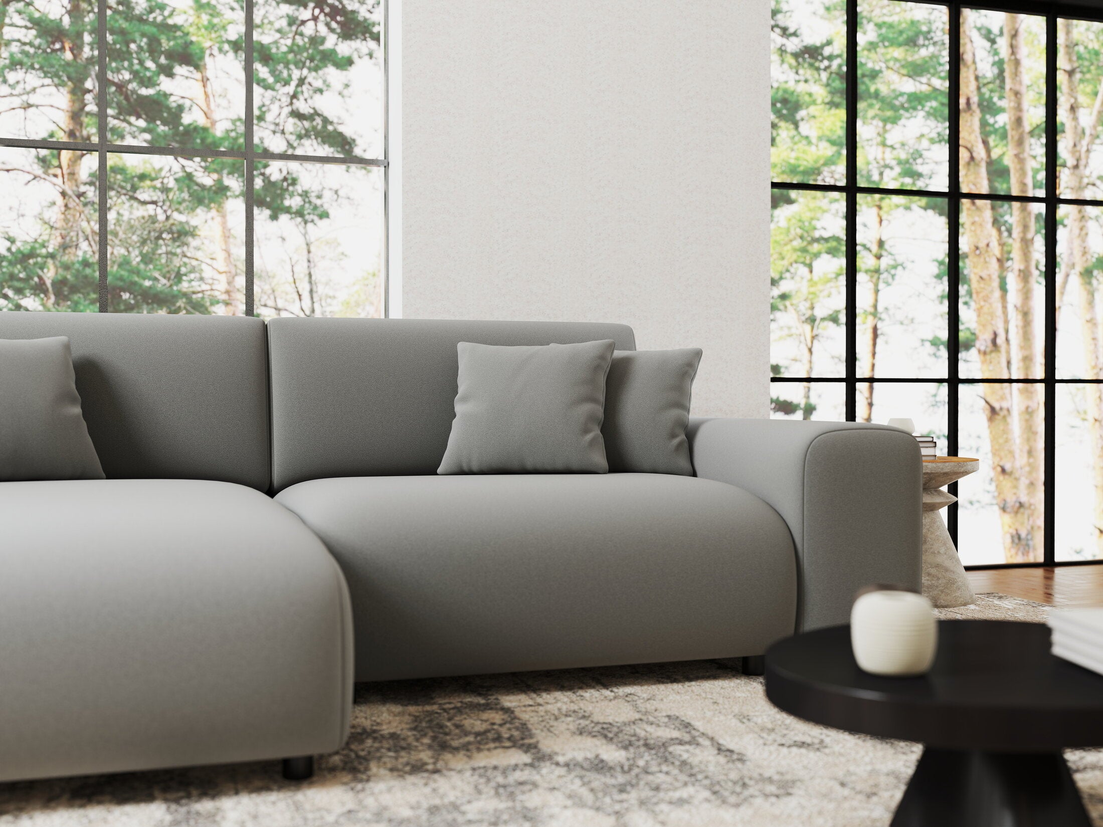 Colțar extensibil dumonde cu ladă de depozitare si sezut confortabil din spuma HR, Sarina Royal Gri 255x168 cm