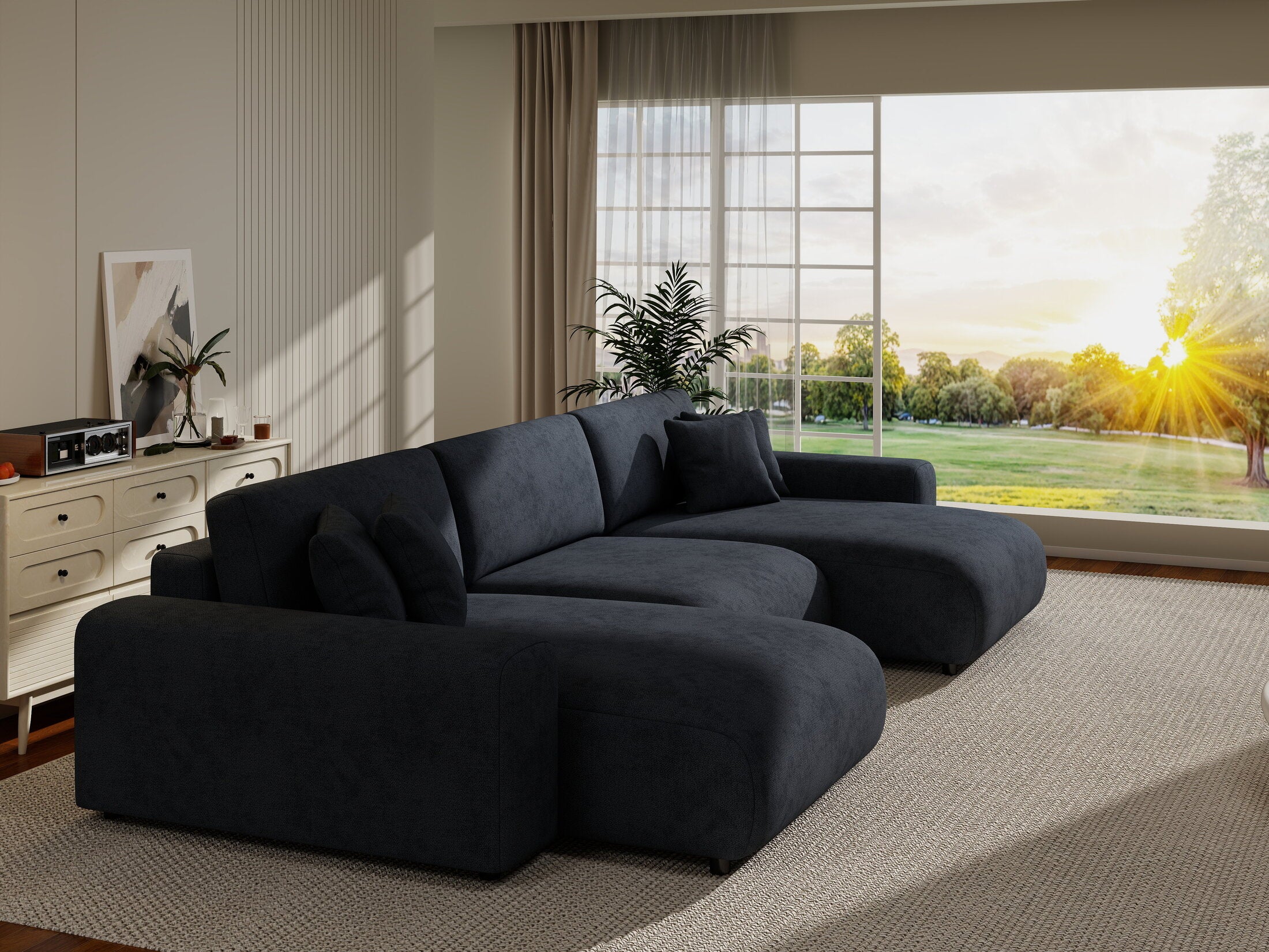 Colțar extensibil dumonde cu ladă de depozitare si sezut confortabil din spuma HR, Sarina U Enjoy Antracit 350x168 cm