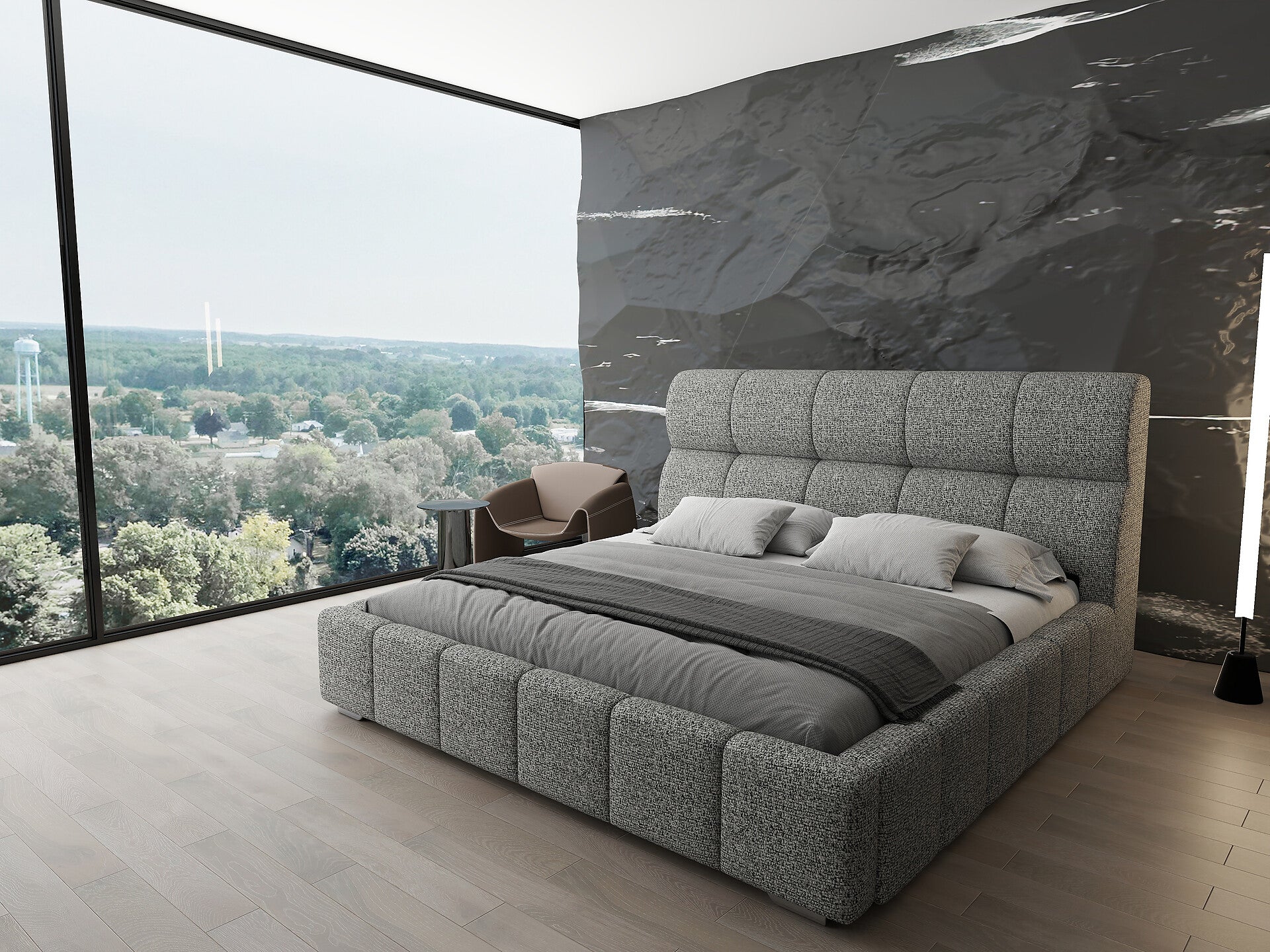 Pat dormitor dumonde, tapitat bej, Prestige 180x200 cm, somiera rabatabila inclusa, spatiu depozitare