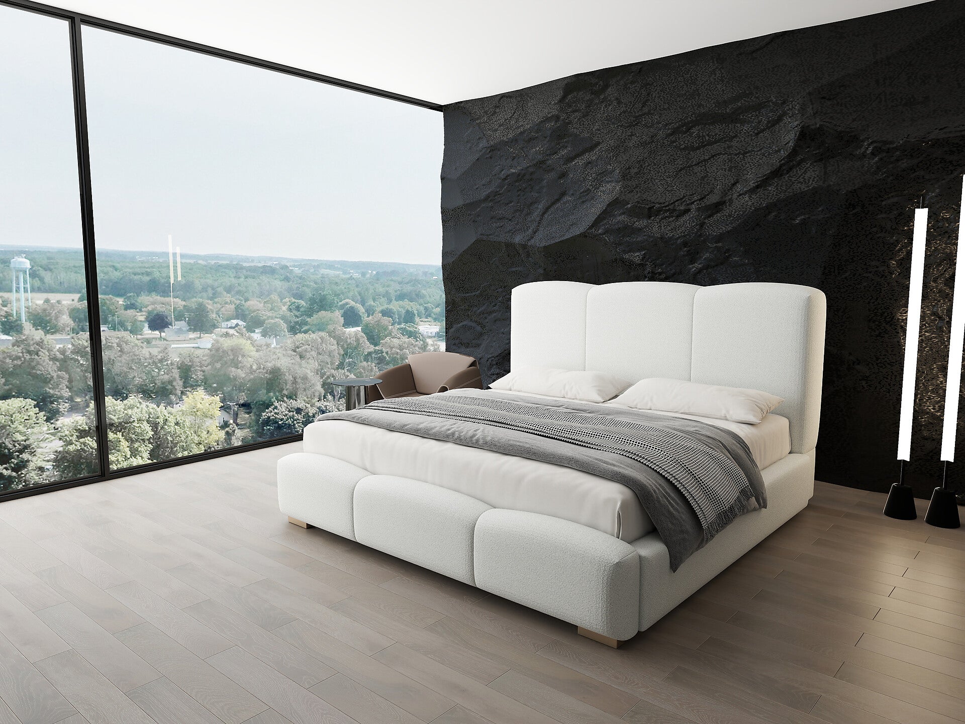 Pat dormitor dumonde, tapitat alb, Havana 180x200 cm, somiera rabatabila inclusa, spatiu depozitare