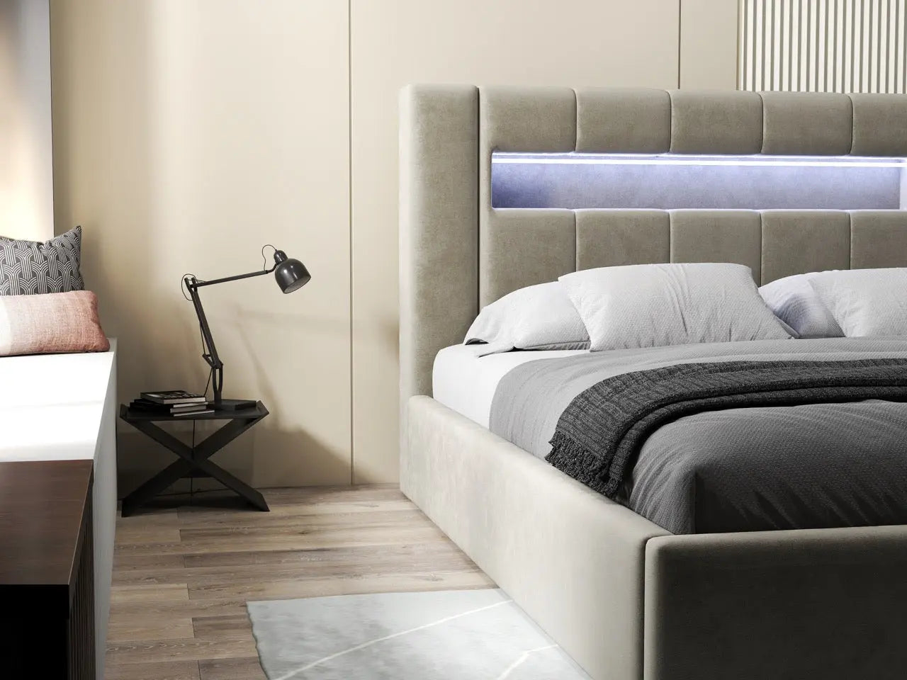 Pat dormitor dumonde, tapitat bej, Glow 180x200 cm, somiera rabatabila inclusa, spatiu depozitare WLS