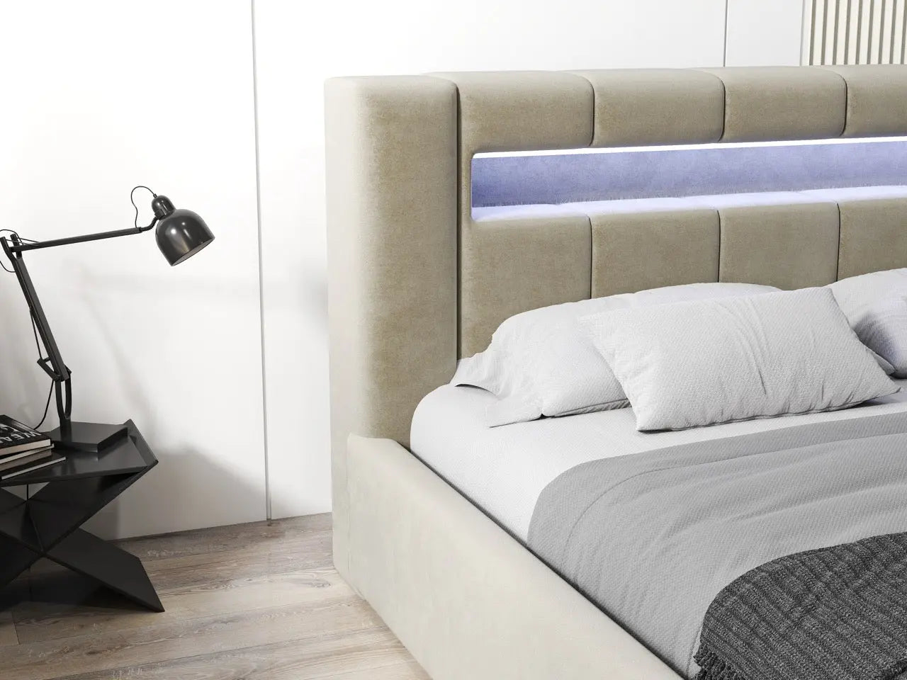 Pat dormitor dumonde, tapitat bej, Glow 160x200 cm, somiera rabatabila inclusa, spatiu depozitare WLS
