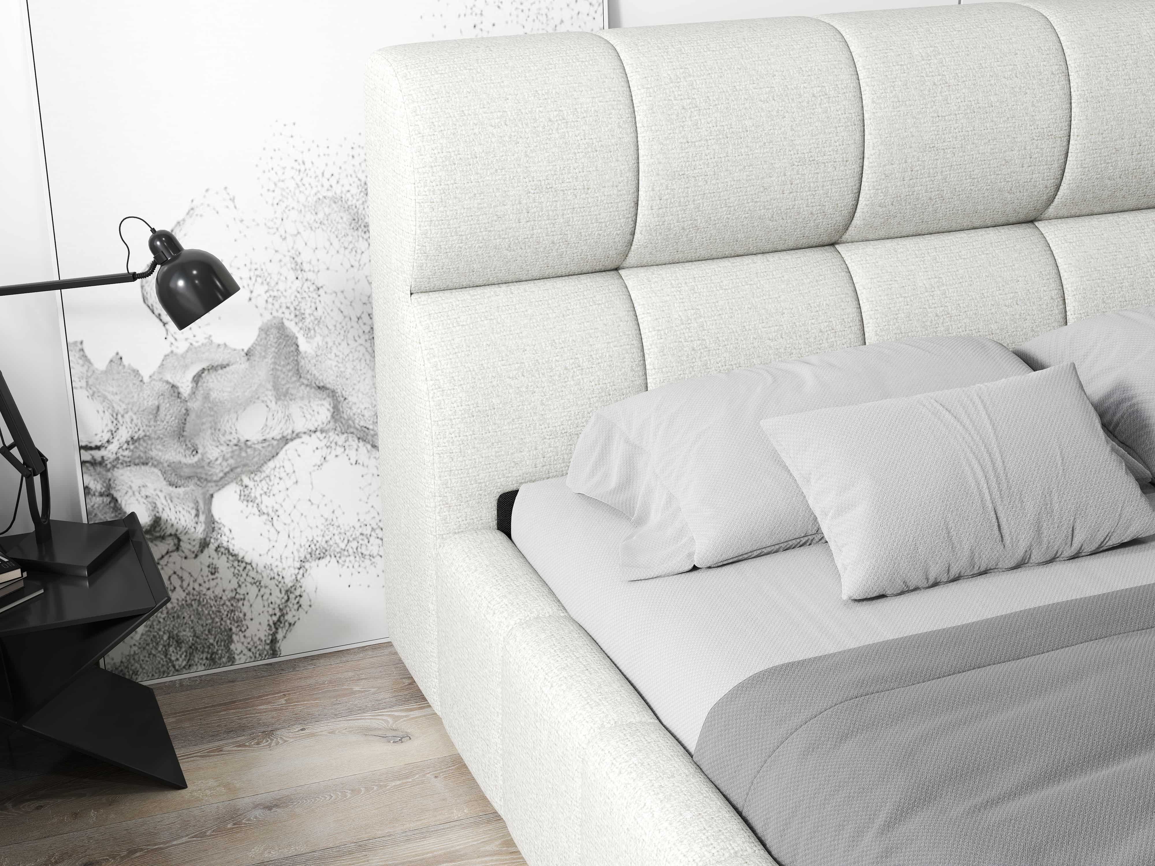 Pat dormitor dumonde, tapitat bej, Prestige 180x200 cm, somiera rabatabila inclusa, spatiu depozitare