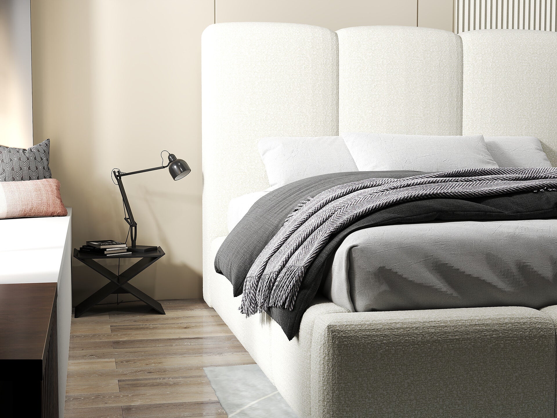 Pat dormitor dumonde, tapitat bej, Dinasty 160x200 cm, somiera rabatabila inclusa, spatiu depozitare