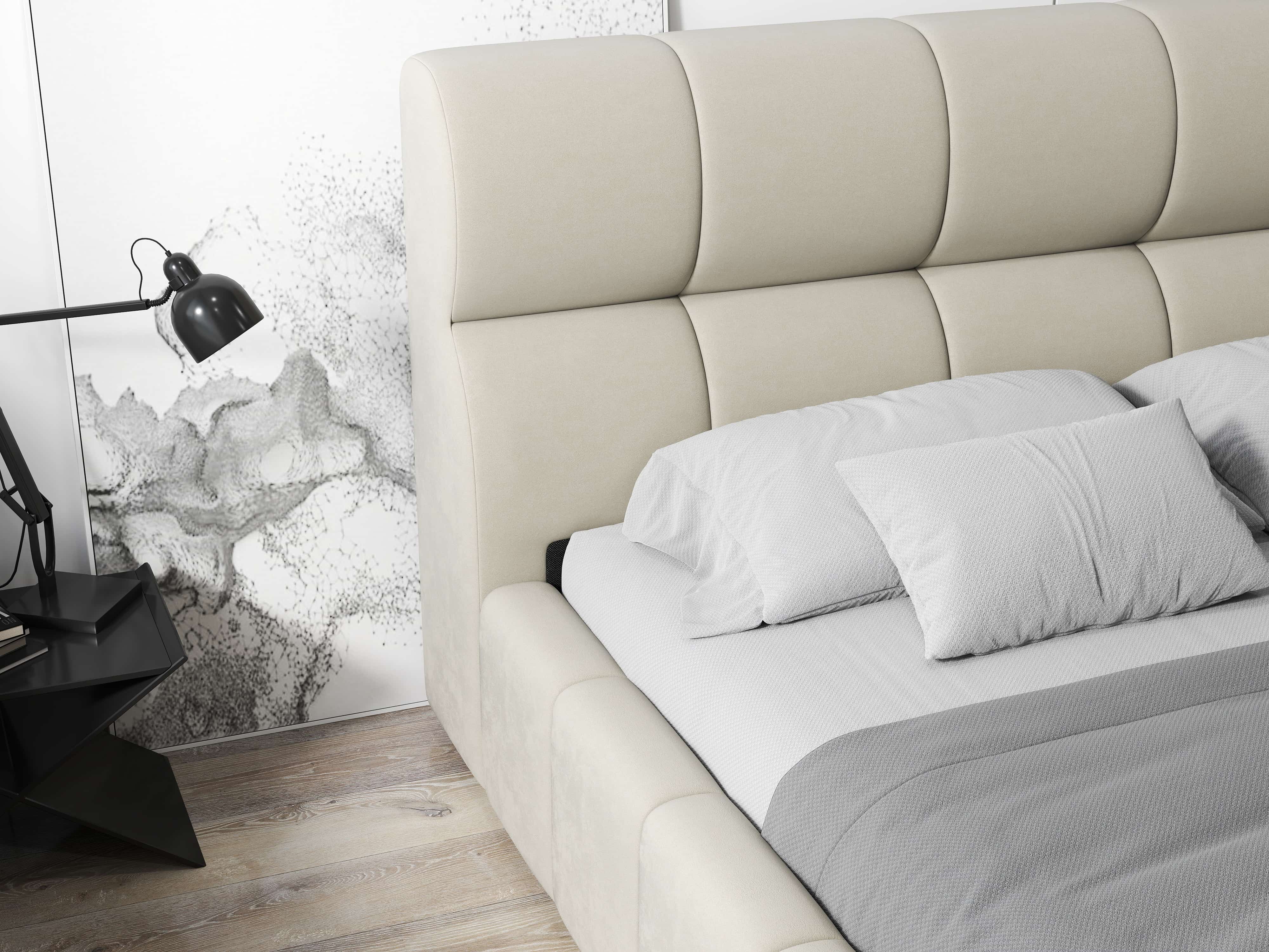 Pat dormitor dumonde, tapitat bej, Prestige 160x200 cm, somiera rabatabila inclusa, spatiu depozitare