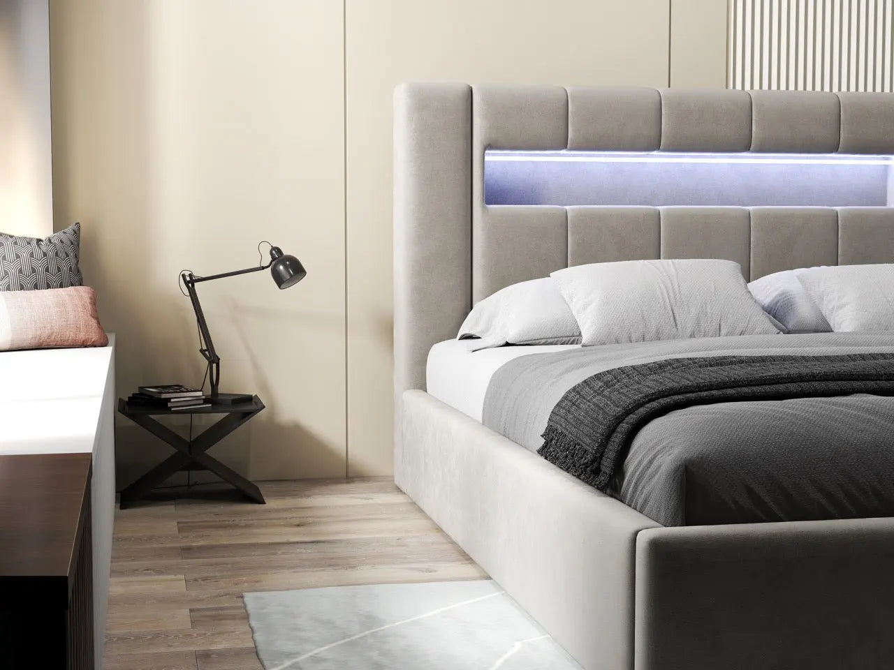 Pat dormitor dumonde, tapitat bej, Glow 180x200 cm, somiera rabatabila inclusa, spatiu depozitare WLS