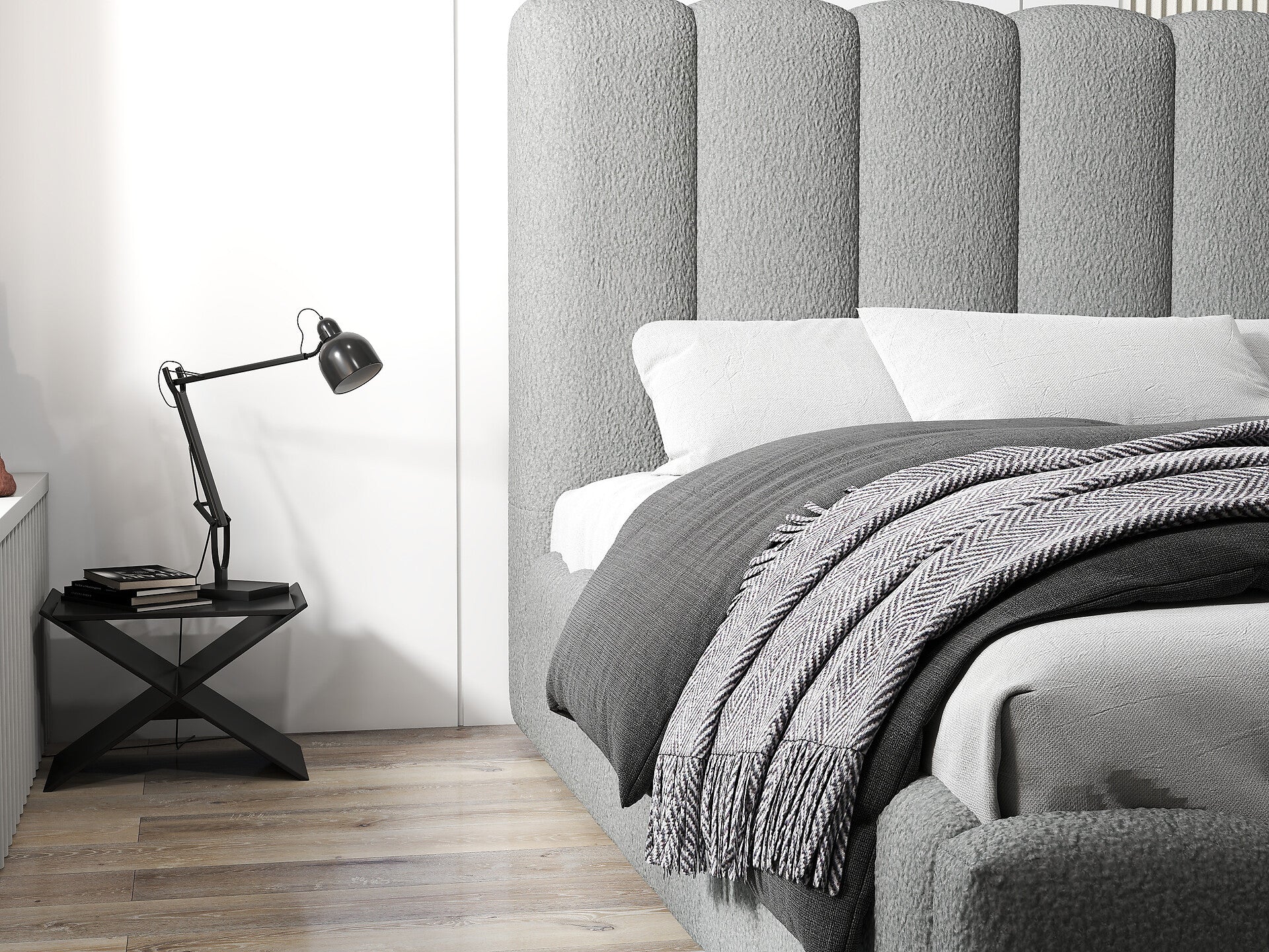 Pat dormitor dumonde, tapitat gri, Milano 140x200 cm, somiera rabatabila inclusa, spatiu depozitare