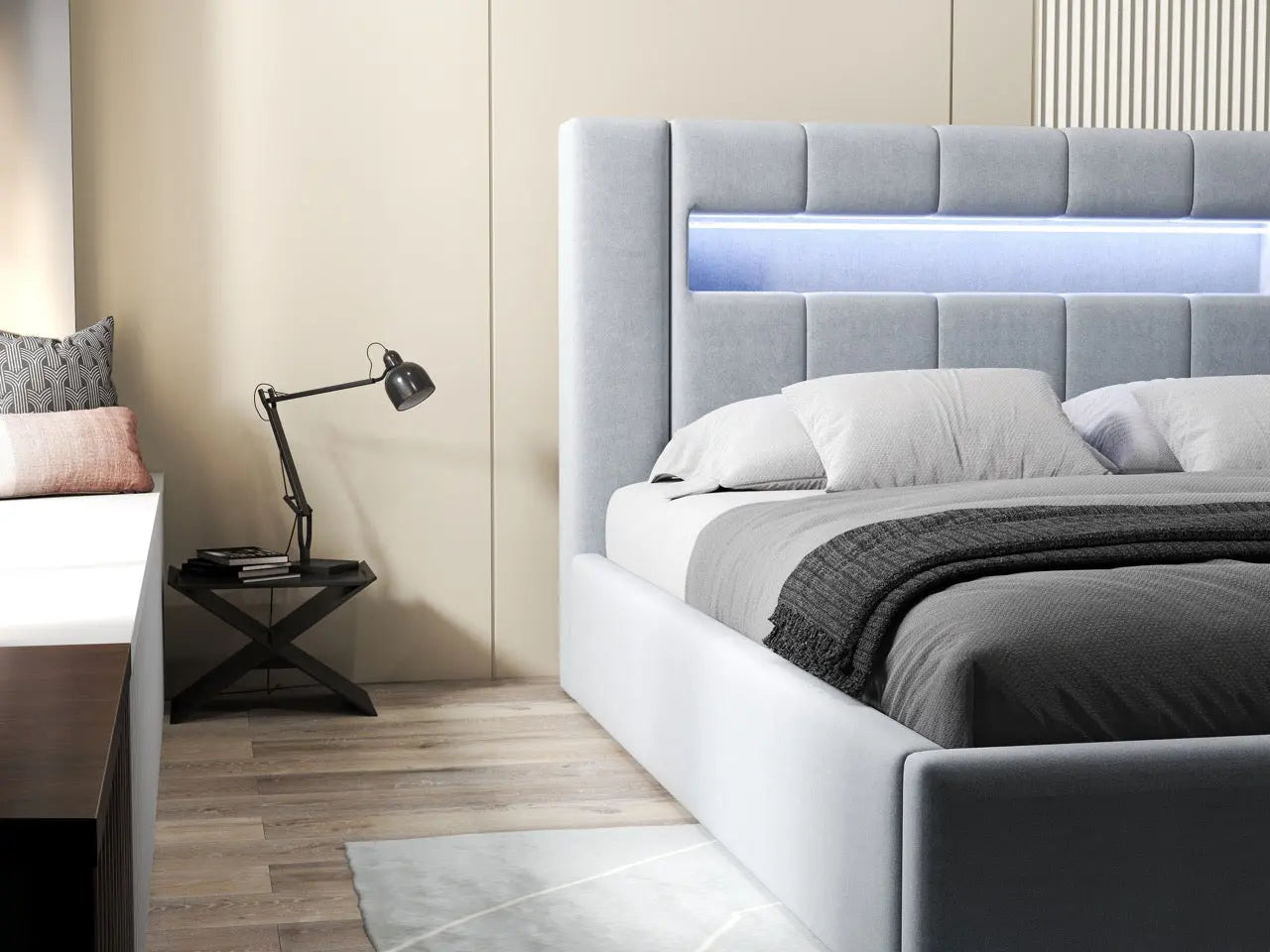 Pat dormitor dumonde, tapitat gri, Glow 180x200 cm, somiera rabatabila inclusa, spatiu depozitare WLS