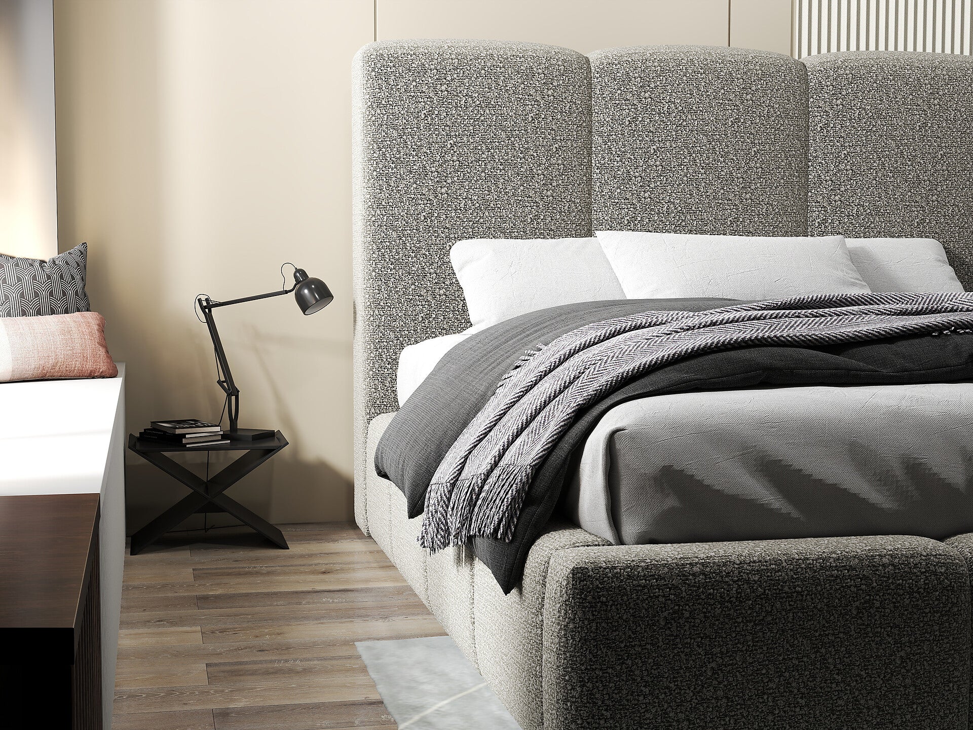 Pat dormitor dumonde, tapitat gri, Dinasty 160x200 cm, somiera rabatabila inclusa, spatiu depozitare