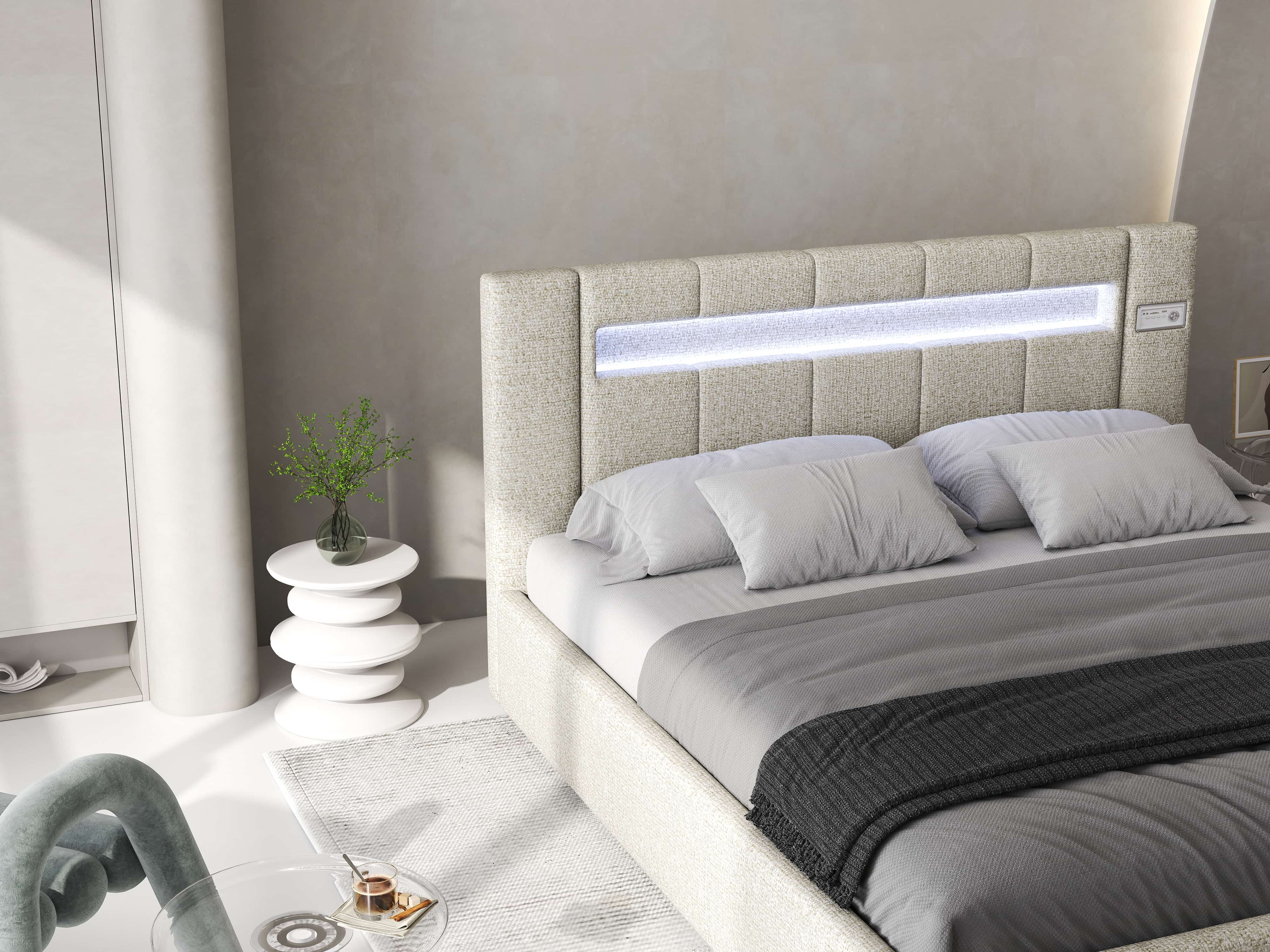 Pat dormitor dumonde, tapitat gri, Glow 180x200 cm, somiera rabatabila inclusa, spatiu depozitare