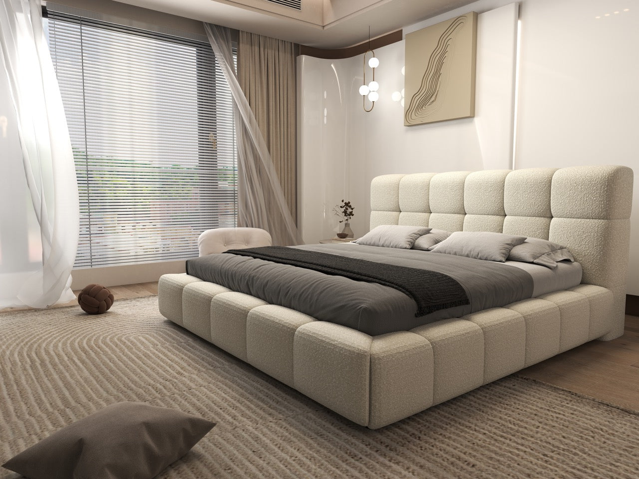 Pat dormitor dumonde, tapitat bej, Lorenzo 180x200 cm, somiera rabatabila inclusa, spatiu depozitare WLS