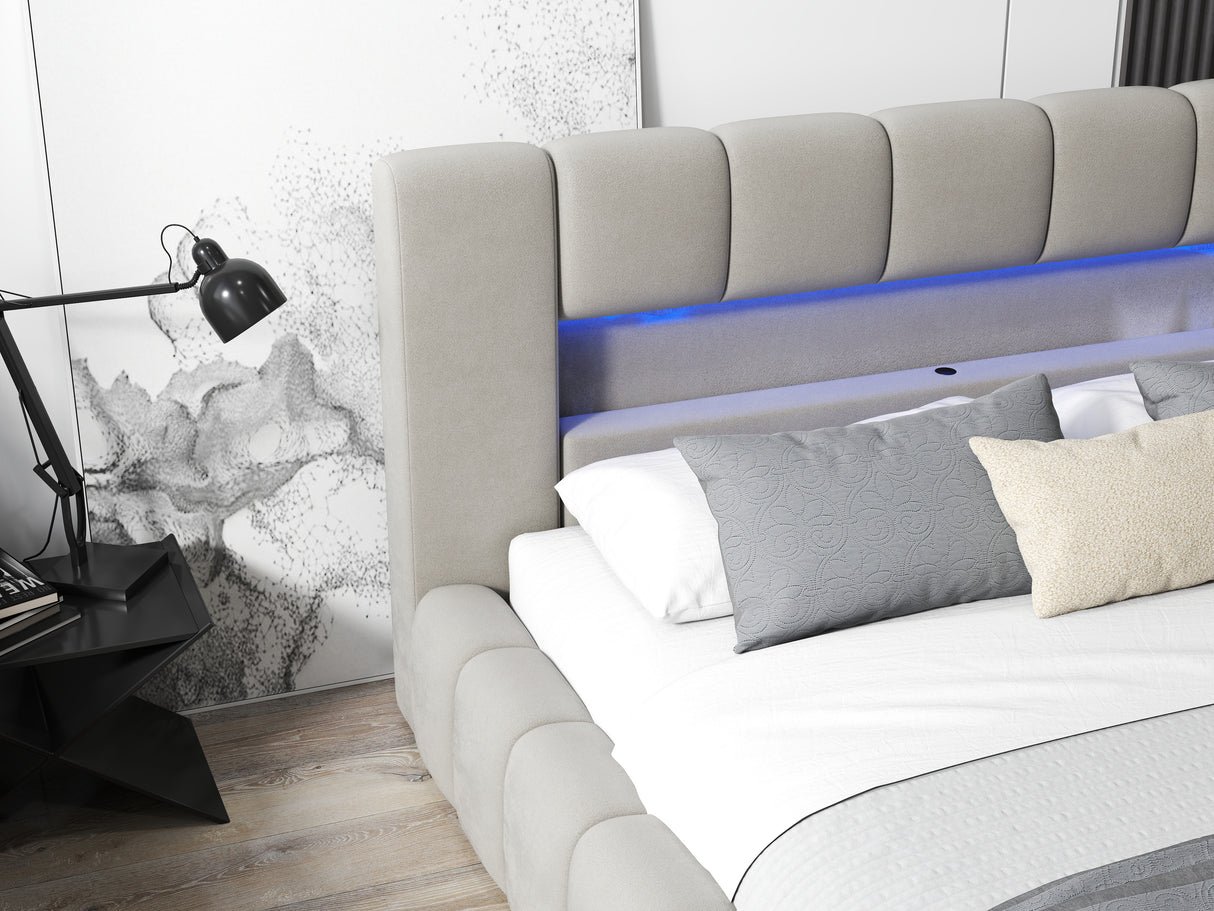 Pat dormitor dumonde, tapitat bej cu LED si USB, Palermo 180x200 cm, somiera rabatabila inclusa, spatiu depozitare