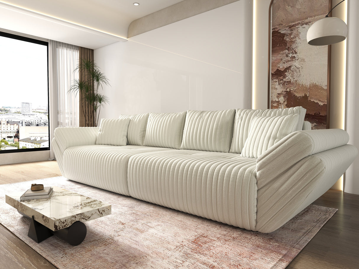 Canapea extensibilă dumonde cu ladă de depozitare si sezut confortabil din spuma HR, Berlin Ambience White 300x100 cm Fabrica