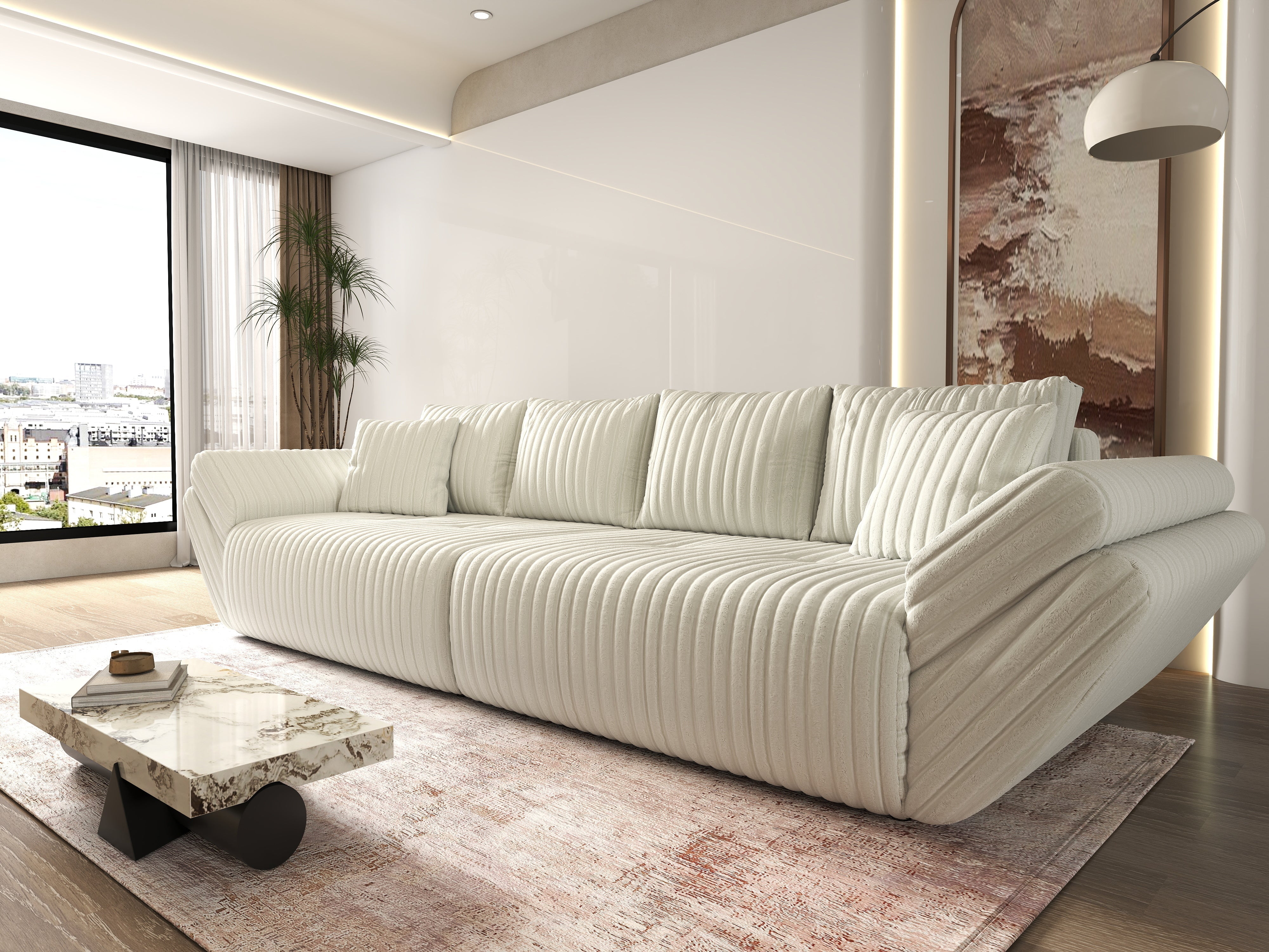 Canapea extensibilă dumonde cu ladă de depozitare si sezut confortabil din spuma HR, Berlin Ambience White 300x100 cm Fabrica