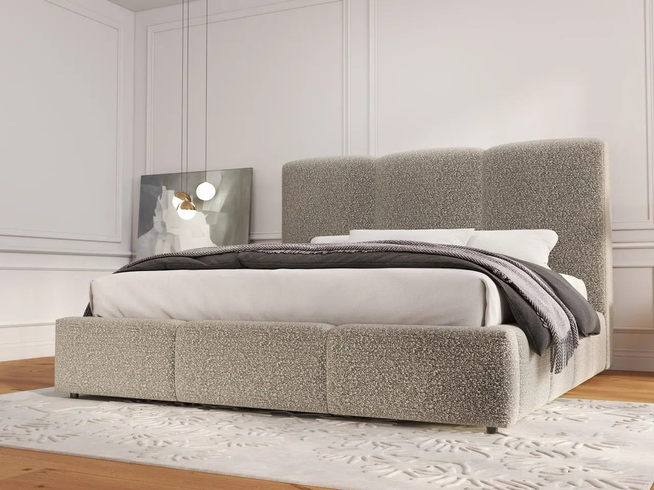 Pat dormitor dumonde, tapitat bej, Dinasty 180x200 cm, somiera rabatabila inclusa, spatiu depozitare WLS