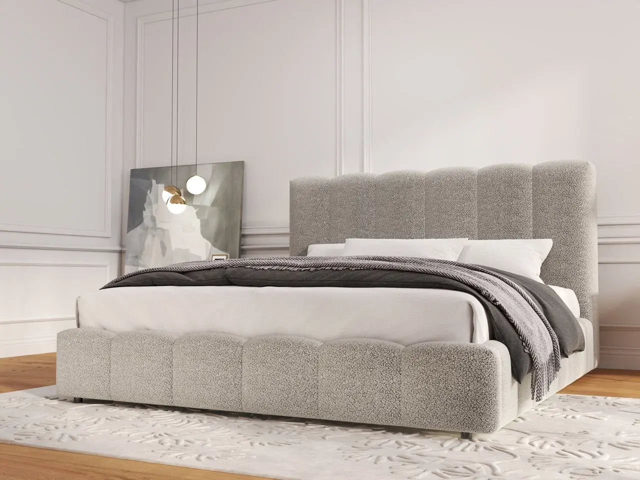 Pat dormitor dumonde, tapitat gri, Milano 180x200 cm, somiera rabatabila inclusa, spatiu depozitare WLS