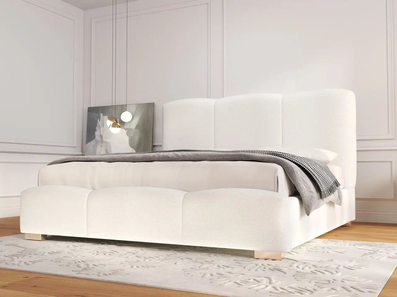 Pat dormitor dumonde, tapitat alb, Havana 140x200 cm, somiera rabatabila inclusa, spatiu depozitare WLS