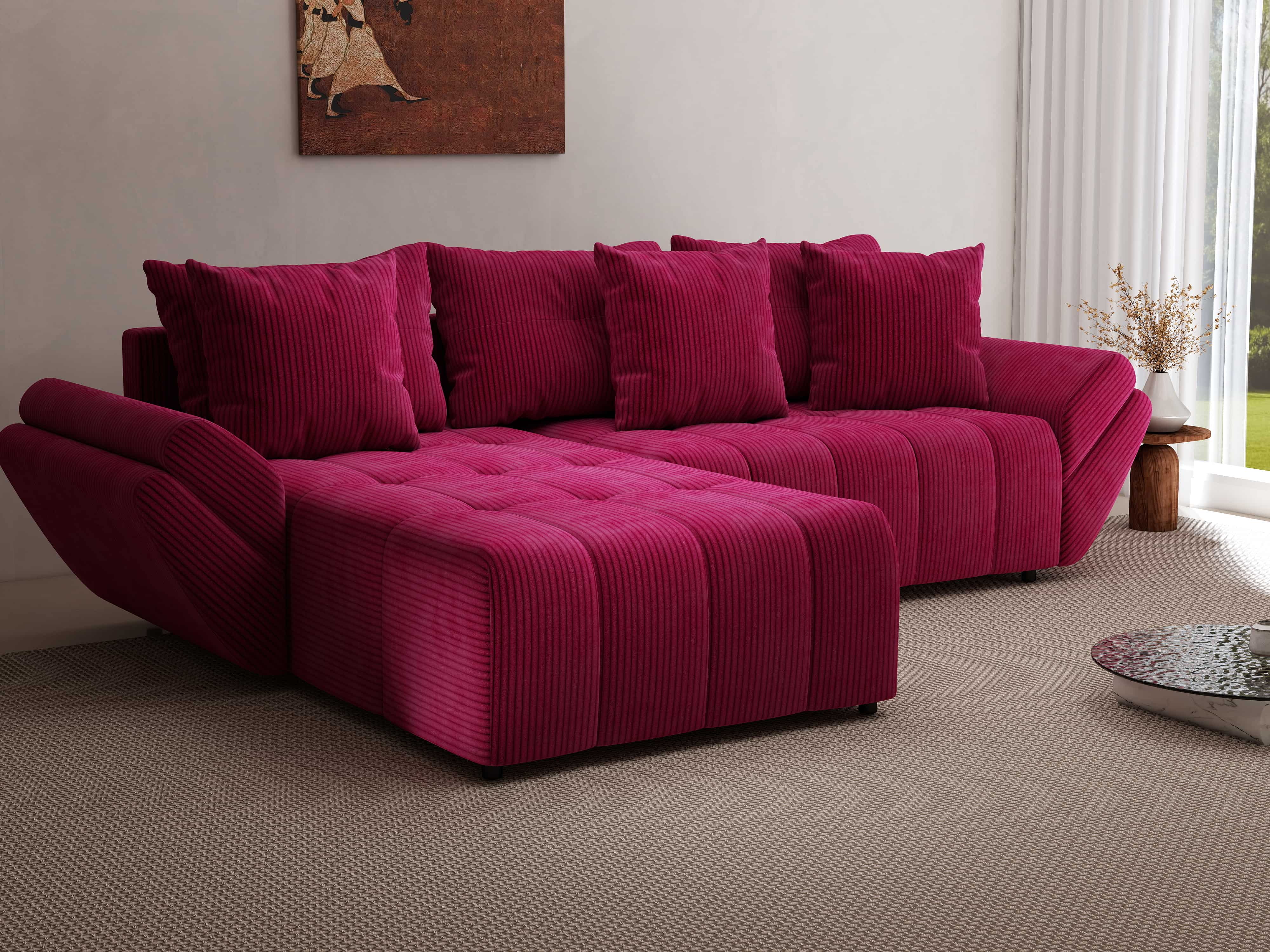 Colțar extensibil dumonde cu ladă de depozitare si sezut confortabil din spuma HR, Berlin Zoom Bordeaux 280x185 cm Fabrica