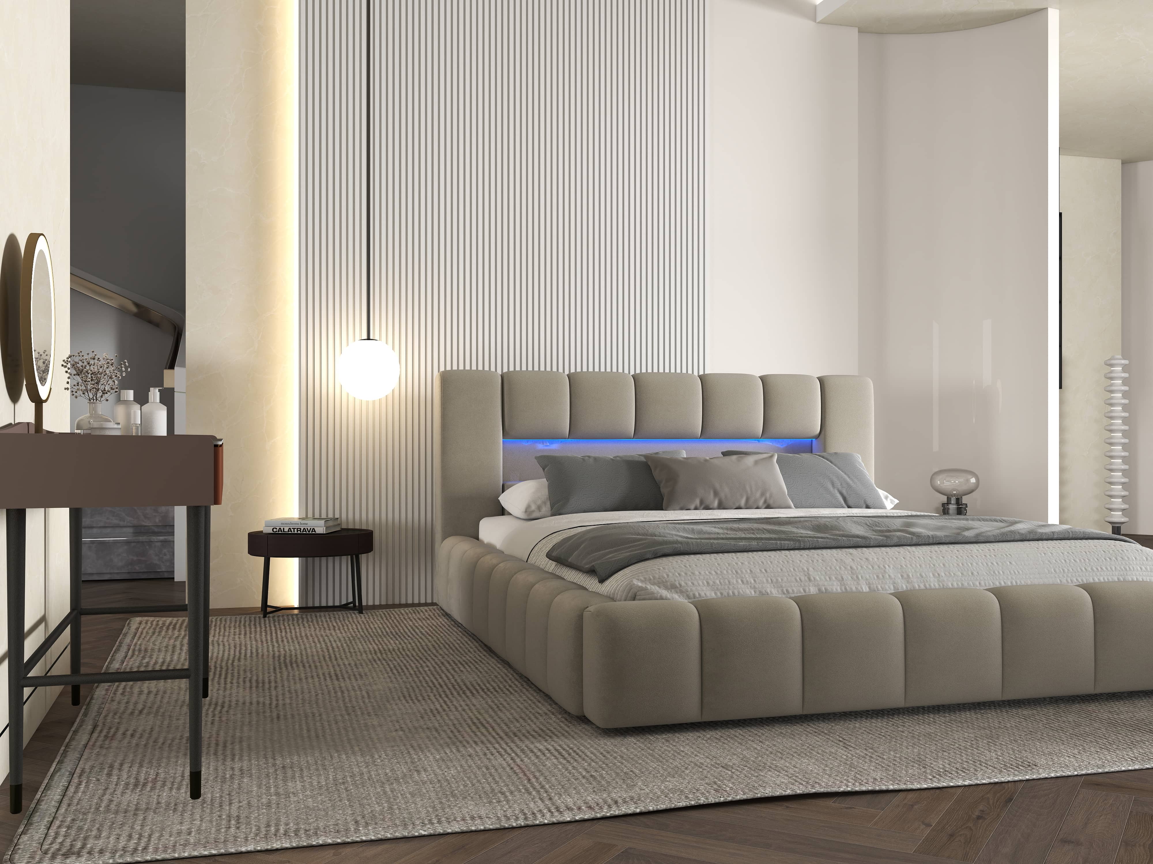 Pat dormitor dumonde, tapitat bej cu LED si USB, Palermo 180x200 cm, somiera rabatabila inclusa, spatiu depozitare
