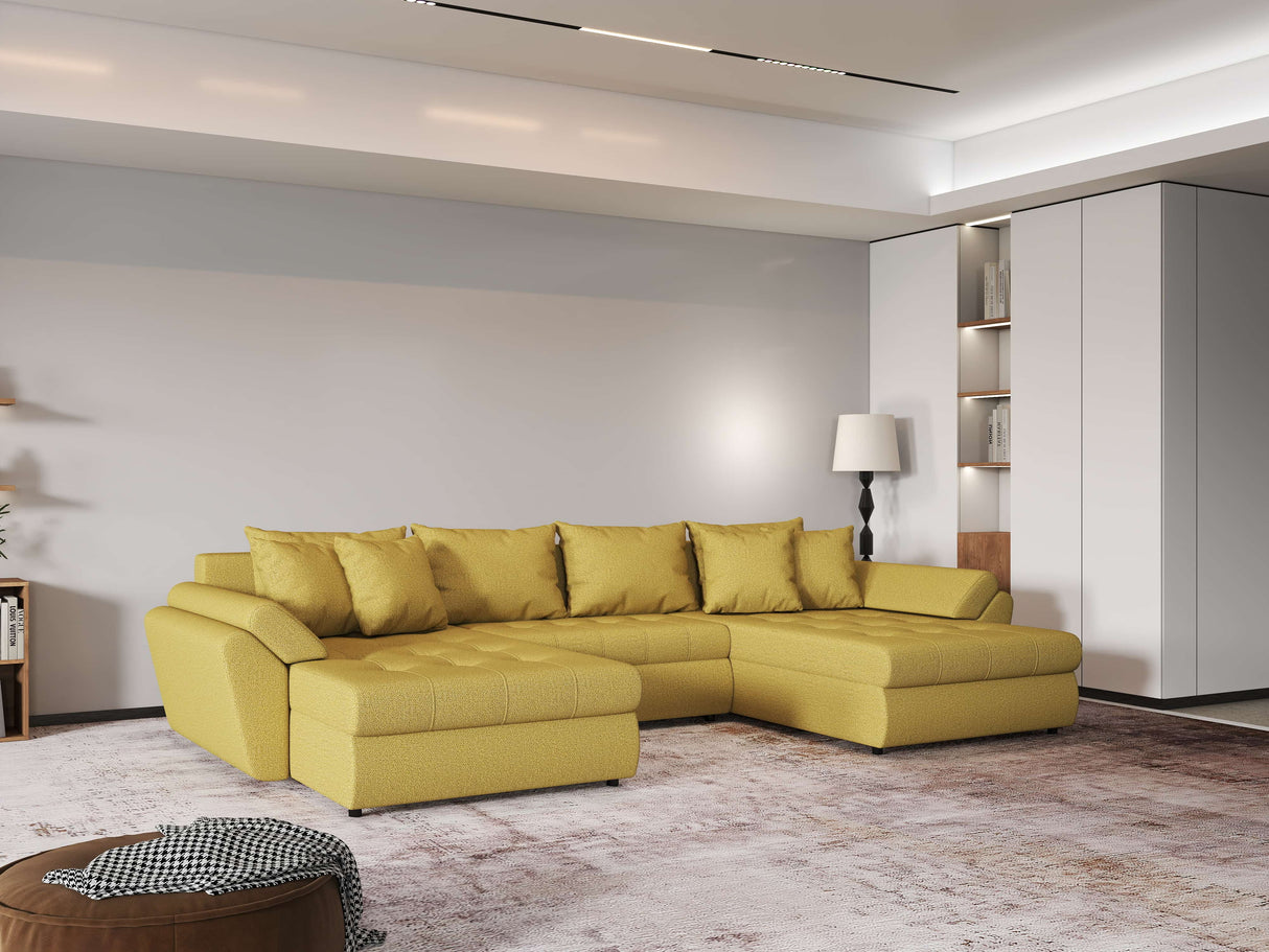 Colțar extensibil dumonde cu ladă de depozitare si sezut confortabil din spuma HR, Loana U Melon 355x185 cm Fabrica