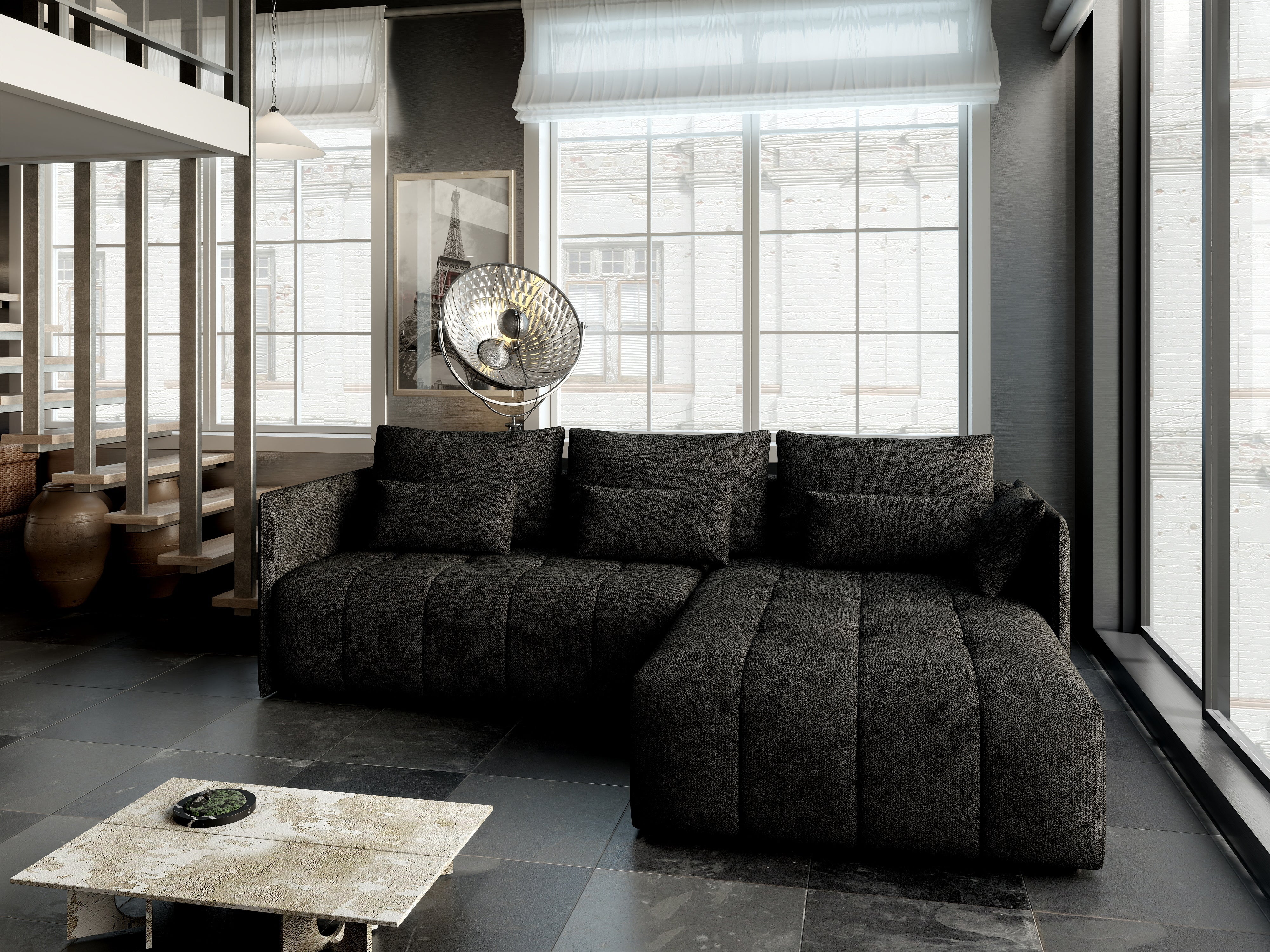 Colțar extensibil dumonde cu ladă de depozitare si sezut confortabil din spuma HR, Malta Black II 235x185 cm Fabrica