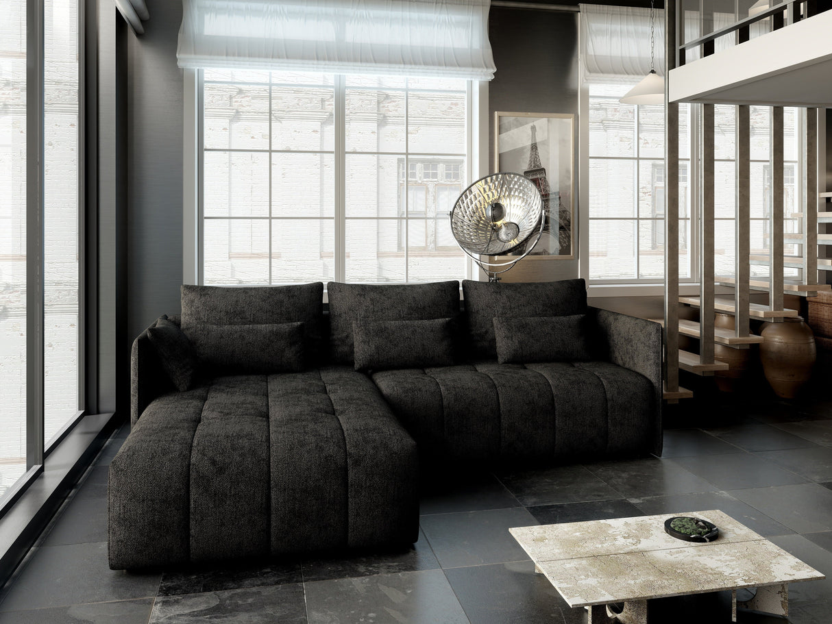Colțar extensibil dumonde cu ladă de depozitare si sezut confortabil din spuma HR, Malta Black 235x185 cm