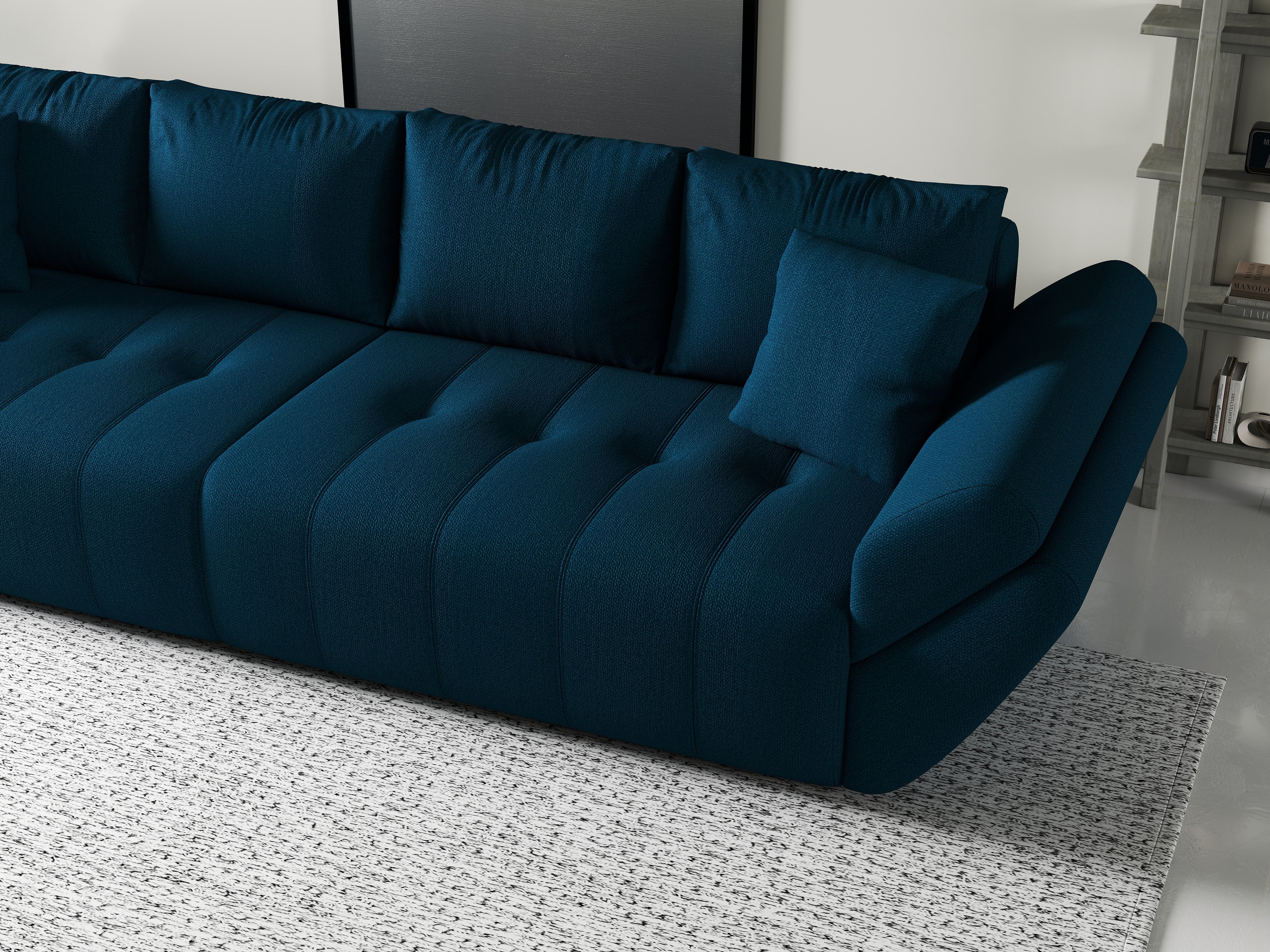 Canapea extensibilă dumonde cu ladă de depozitare si sezut confortabil din spuma HR, Berlin Petrol 300x100 cm Fabrica