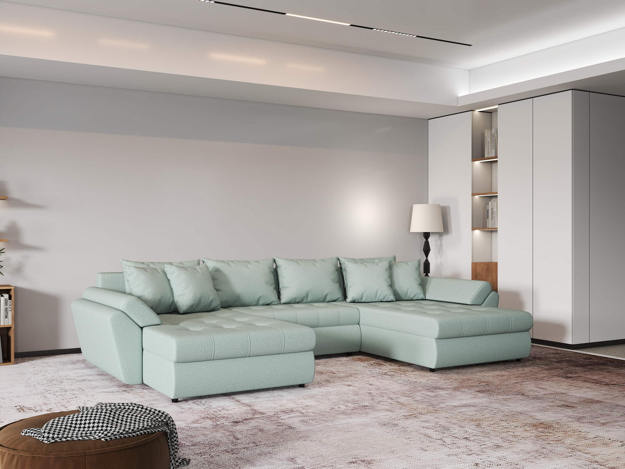 Colțar extensibil dumonde cu ladă de depozitare si sezut confortabil din spuma HR, Loana Enjoy Verde Mint U 355x185 cm Fabrica