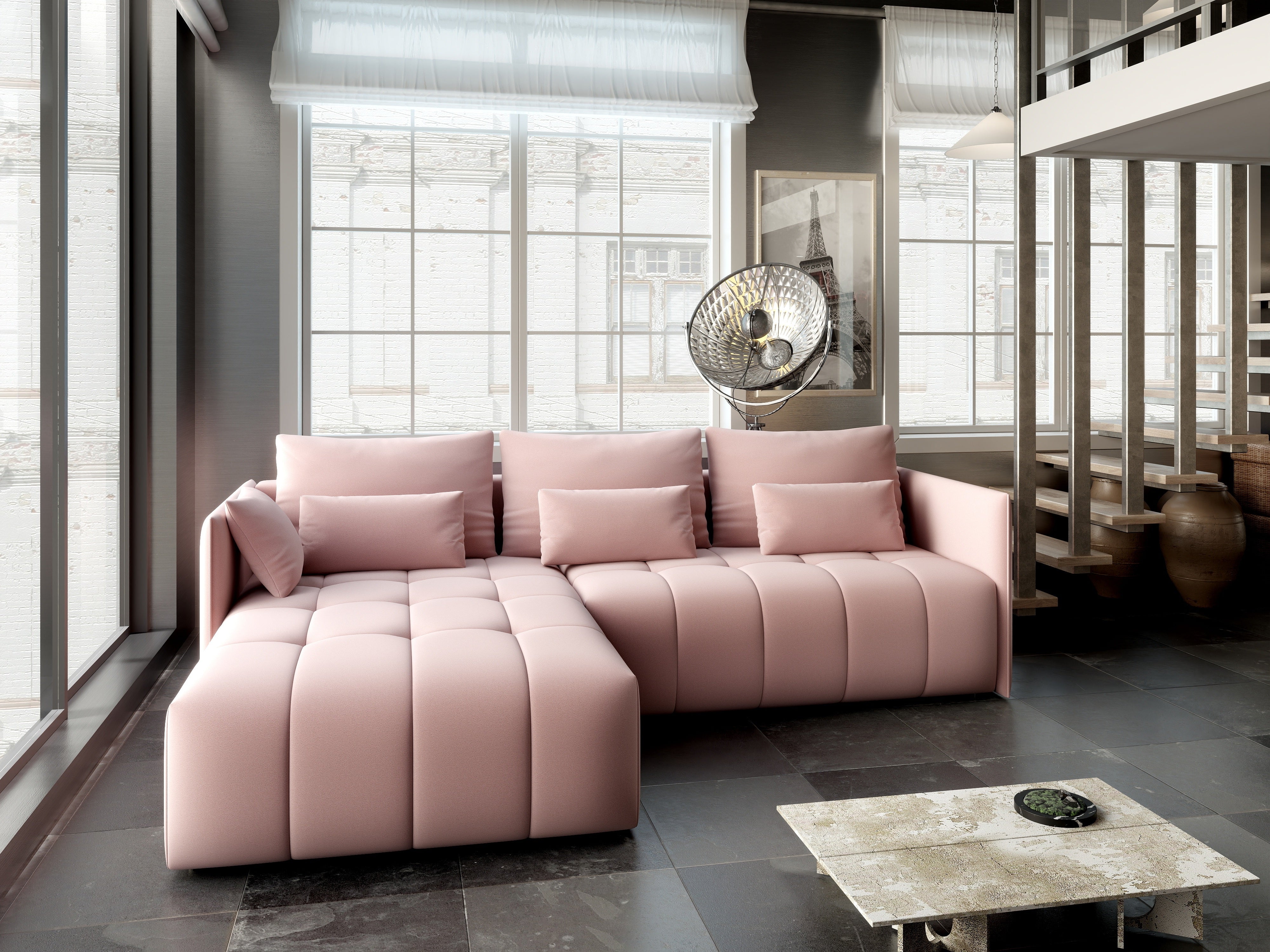 Colțar extensibil dumonde cu ladă de depozitare si sezut confortabil din spuma HR, Malta Roz Pudrat 235x185 cm Fabrica