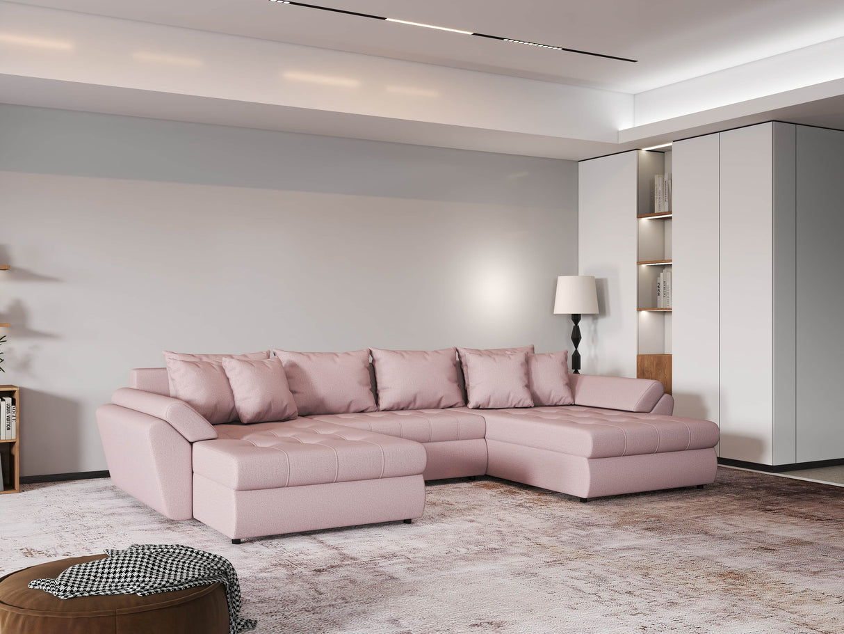 Colțar extensibil dumonde cu ladă de depozitare si sezut confortabil din spuma HR, Loana Enjoy Roz U 355x185 cm Fabrica