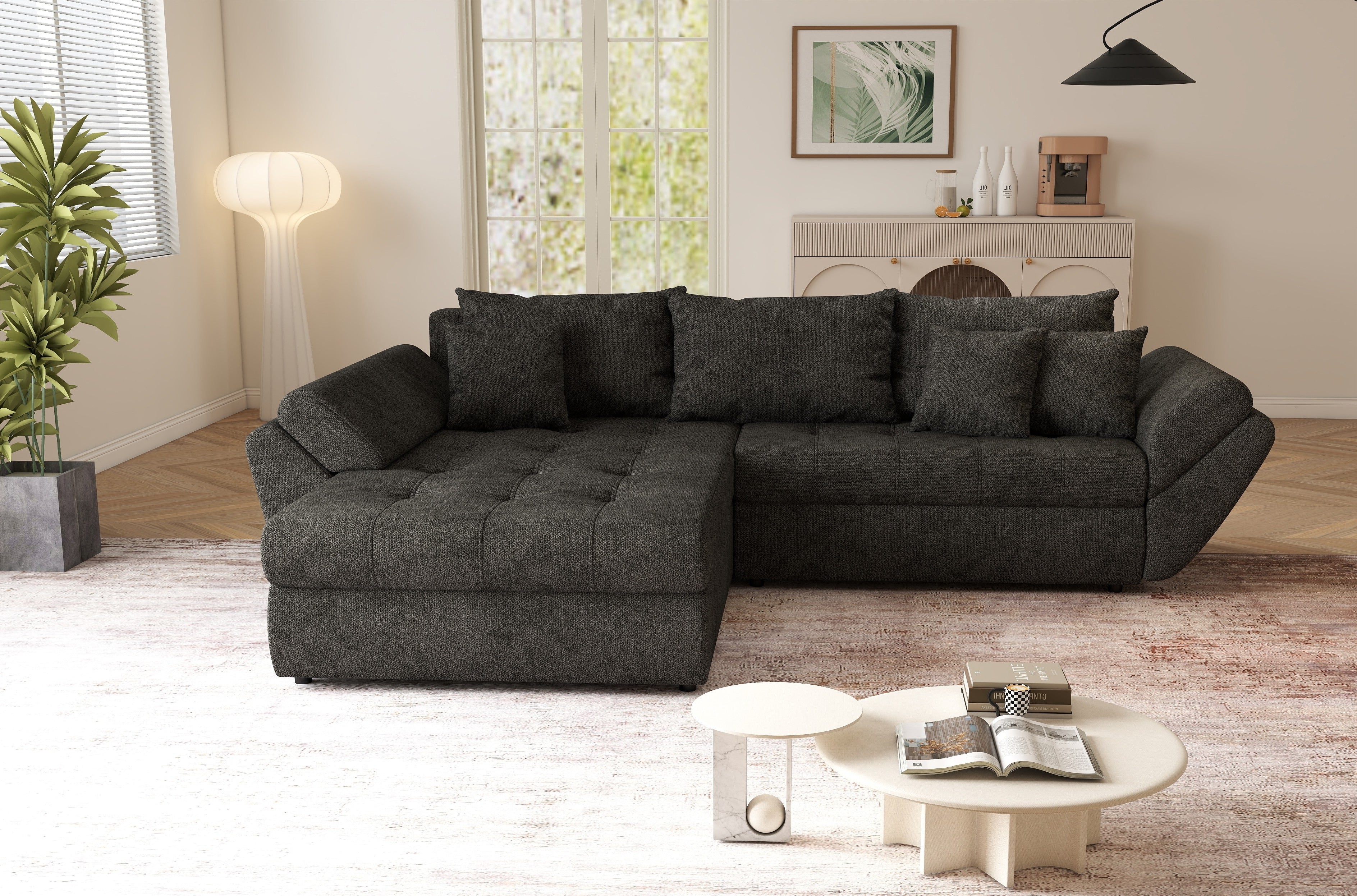 Colțar extensibil dumonde cu ladă de depozitare si sezut confortabil din spuma HR, Loana Negru II 270x185 cm Fabrica