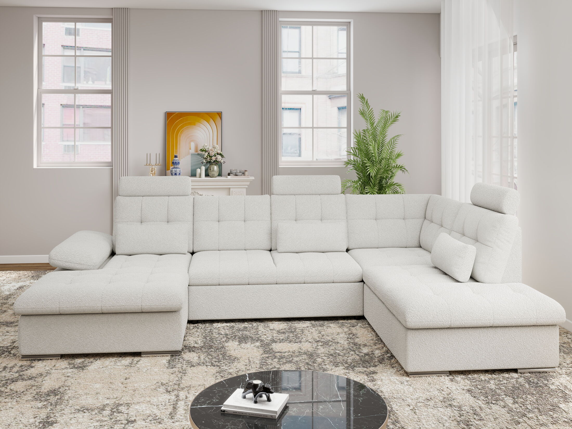 Colțar extensibil dumonde cu ladă de depozitare și șezut confortabil din spumă HR, Merkur U Euphoria Alb 324x218 cm