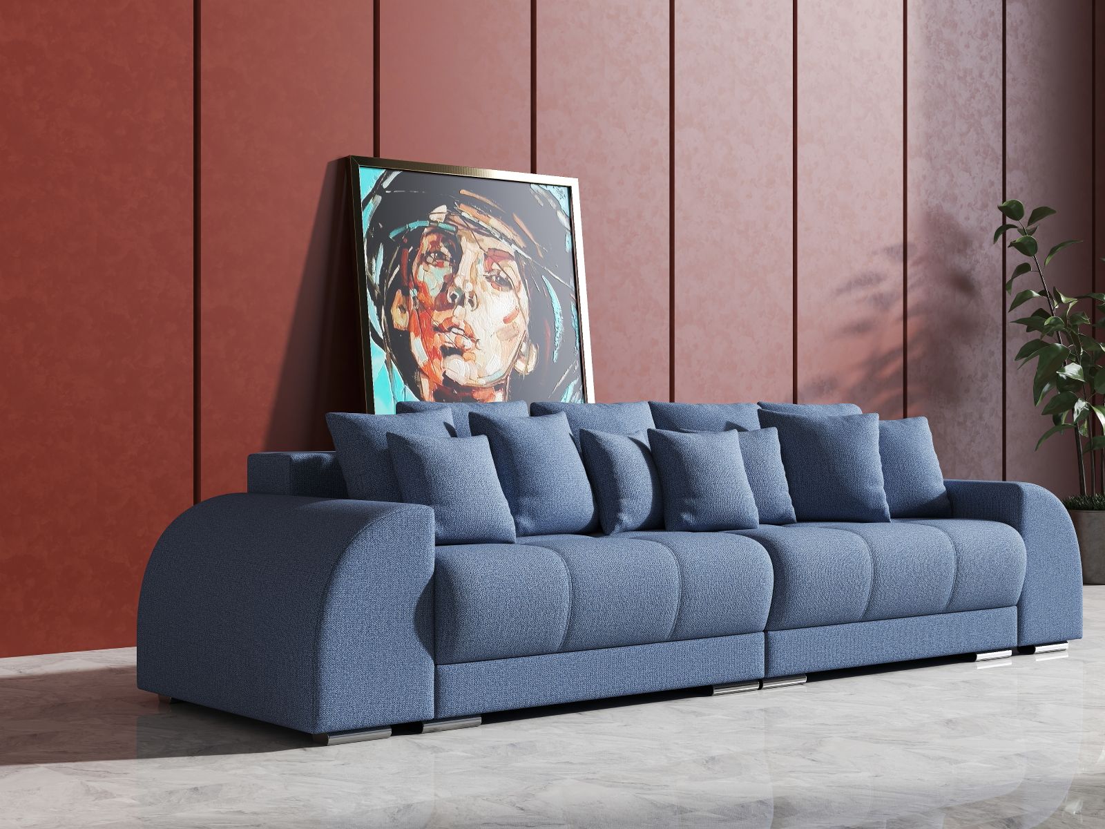 Canapea extensibilă dumonde cu 2 lăzi de depozitare si sezut confortabil din spuma HR, Big Sofa Verona Enjoy Lux Blue 310x100 cm Fabrica