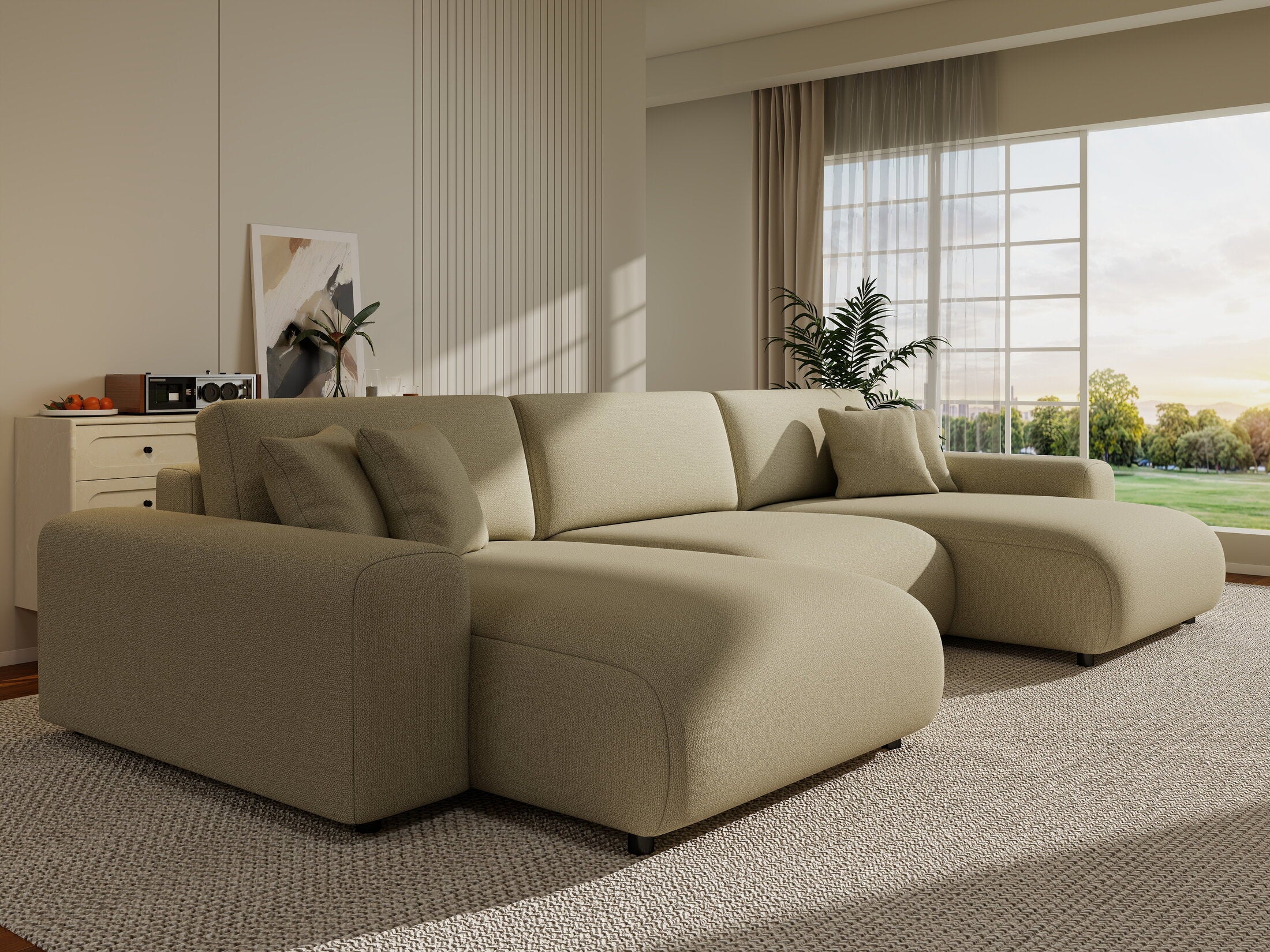 Colțar extensibil dumonde cu ladă de depozitare si sezut confortabil din spuma HR, Sarina U Enjoy Bej 350x168 cm