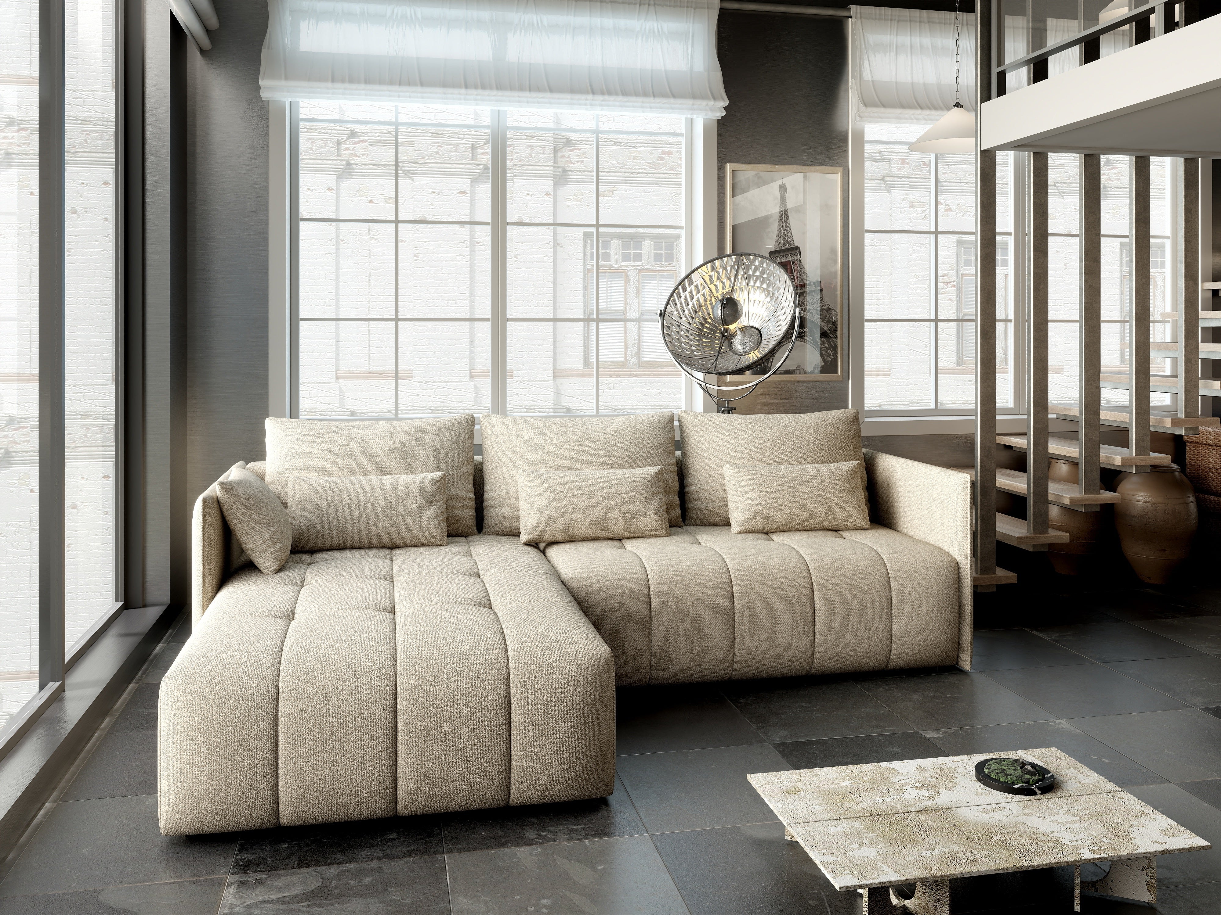 Colțar extensibil dumonde cu ladă de depozitare si sezut confortabil din spuma HR, Malta Bej 235x185 cm Fabrica
