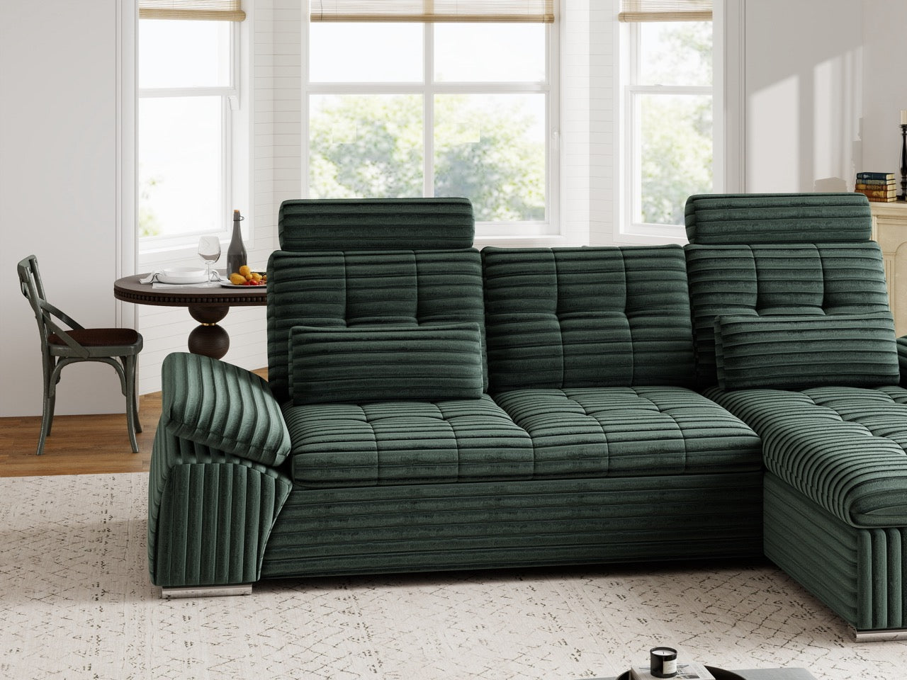 Colțar extensibil dumonde cu ladă de depozitare și șezut confortabil din spumă HR, Merkur Ambience Verde 270x168 cm II