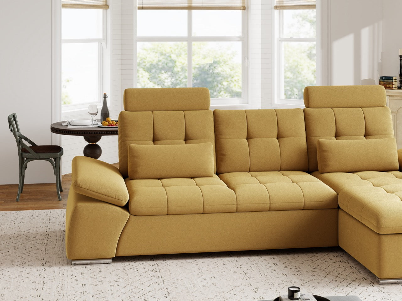 Colțar extensibil dumonde cu ladă de depozitare și șezut confortabil din spumă HR, Merkur Royal Mustar 270x168 cm II