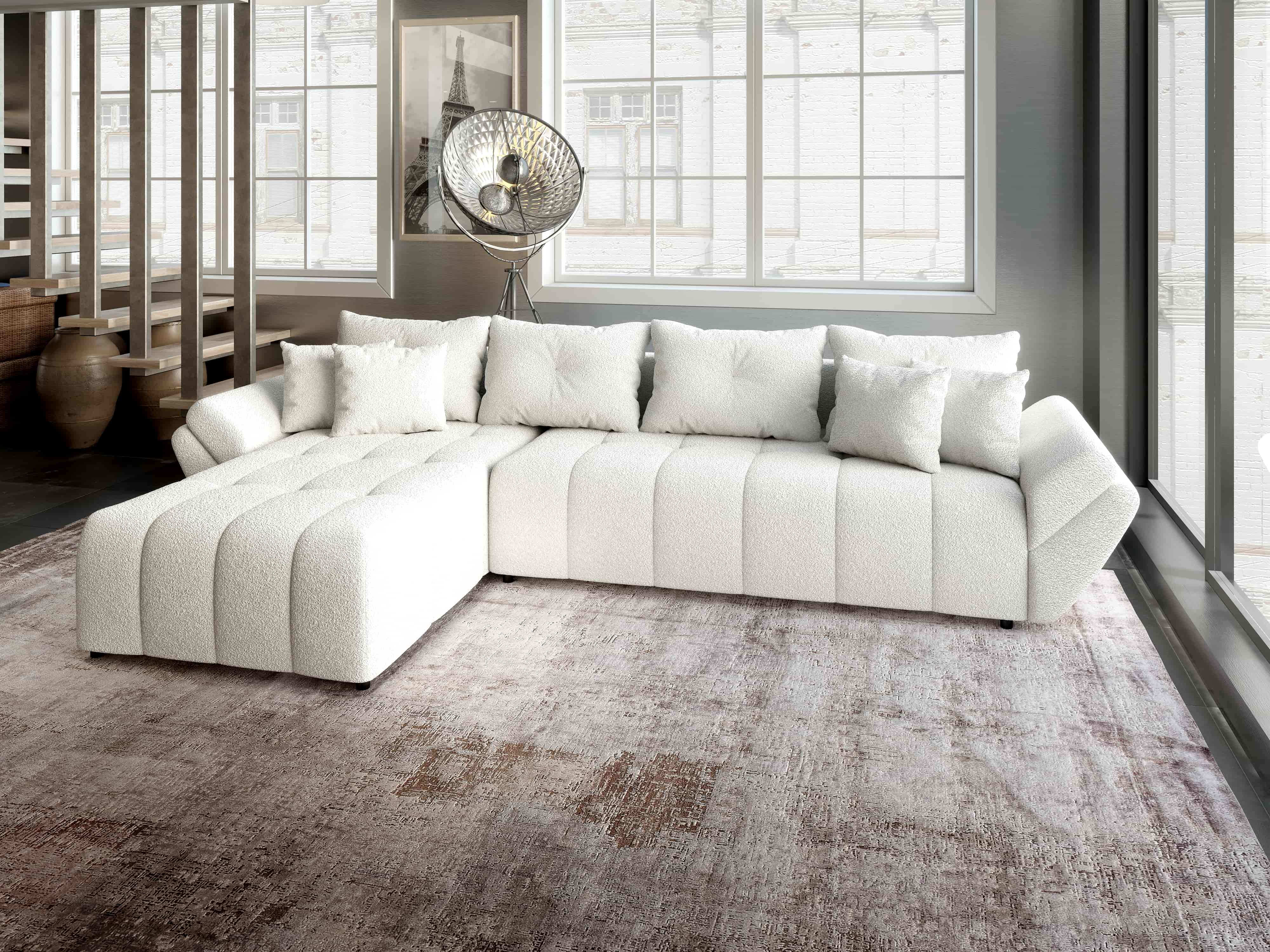 Colțar extensibil dumonde cu ladă de depozitare si sezut confortabil din spuma HR, Berlin XL Euphoria Alb 350x185 cm Fabrica