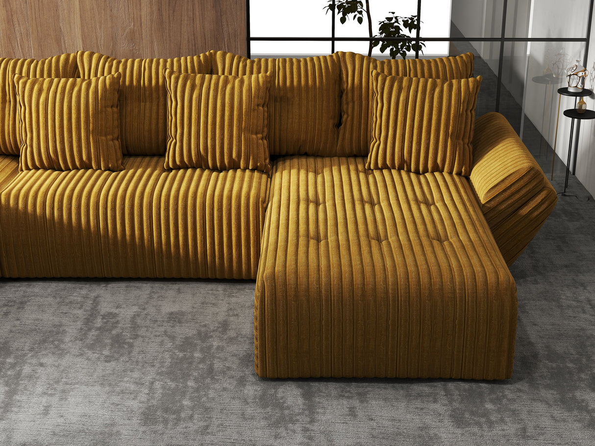 Colțar extensibil dumonde cu ladă de depozitare si sezut confortabil din spuma HR, Berlin U Mustar 380x180 cm Fabrica
