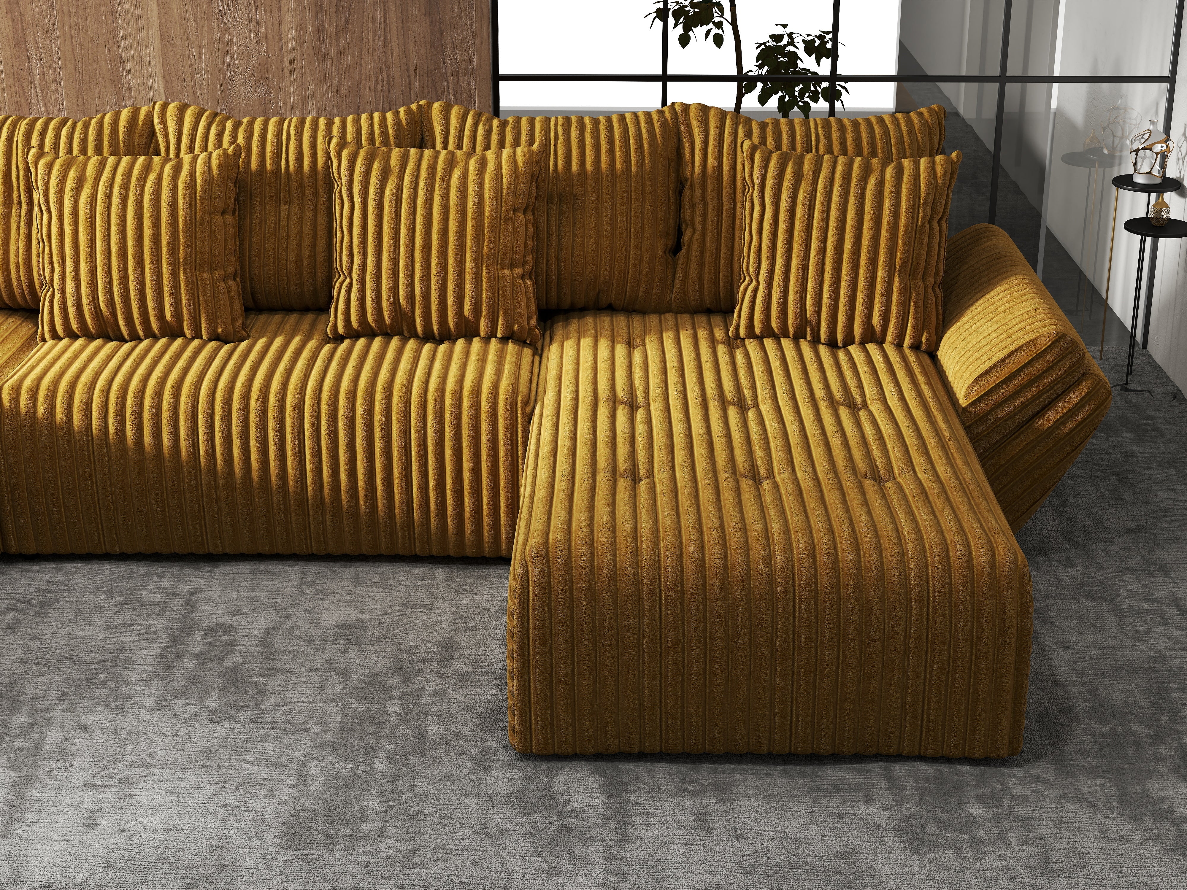Colțar extensibil dumonde cu ladă de depozitare si sezut confortabil din spuma HR, Berlin U Mustar 380x180 cm Fabrica
