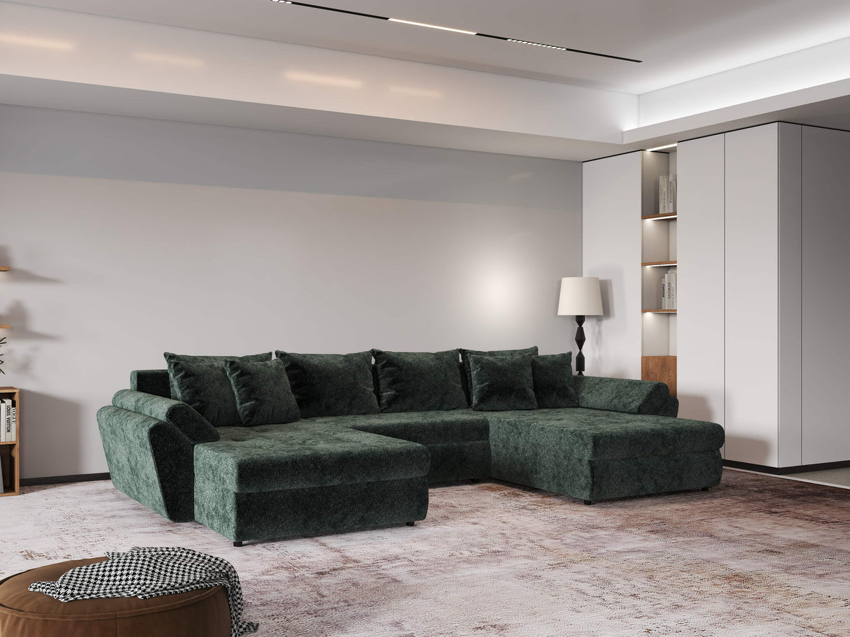 Colțar extensibil dumonde cu ladă de depozitare si sezut confortabil din spuma HR, Loana U Verde Euphoria 355x185 cm Fabrica
