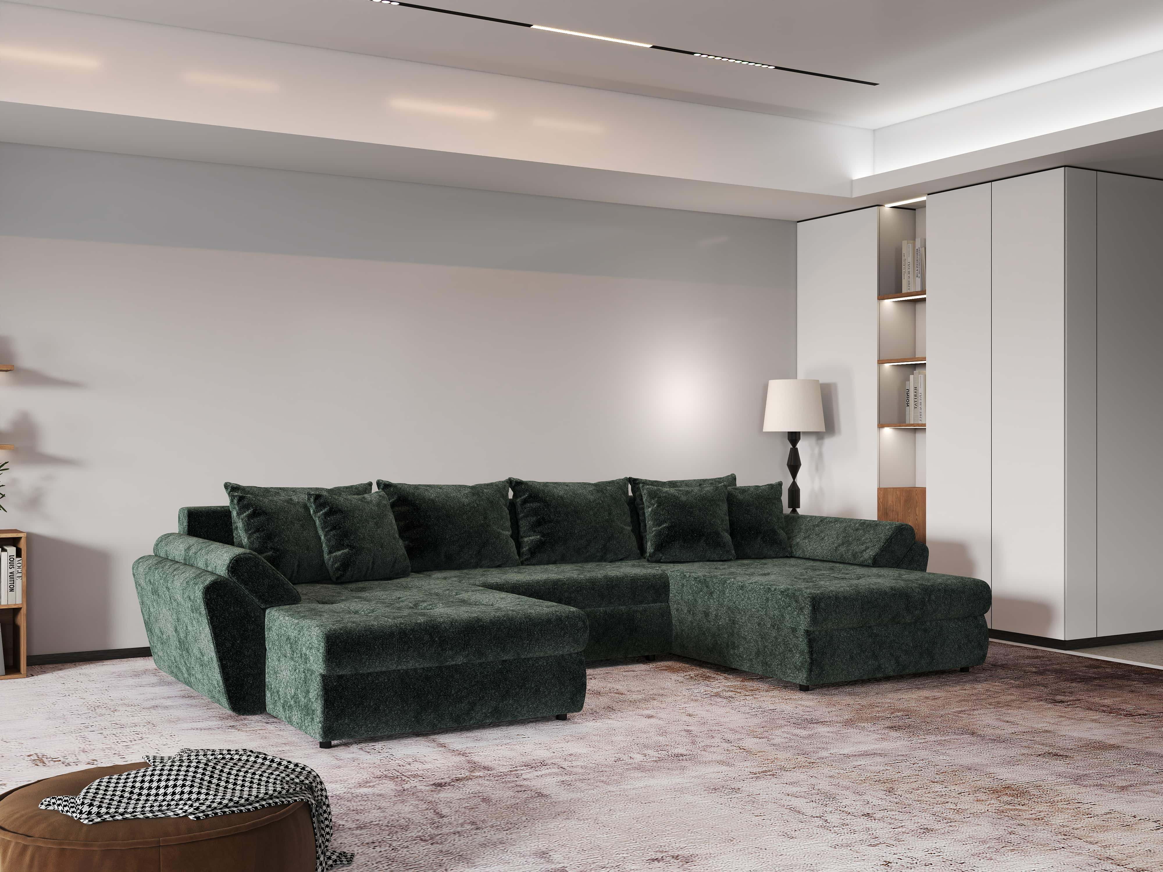 Colțar extensibil dumonde cu ladă de depozitare si sezut confortabil din spuma HR, Loana U Verde Euphoria 355x185 cm Fabrica