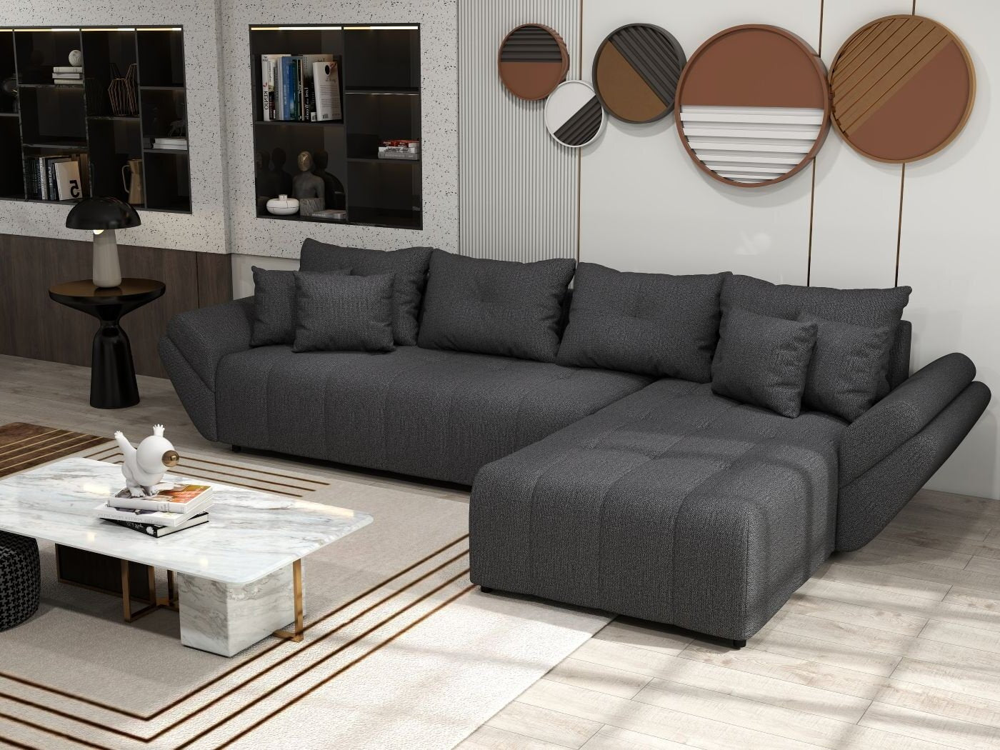 Colțar extensibil dumonde cu ladă de depozitare si sezut confortabil din spuma HR, Berlin XL Enjoy Graphite 350x185 cm Fabrica