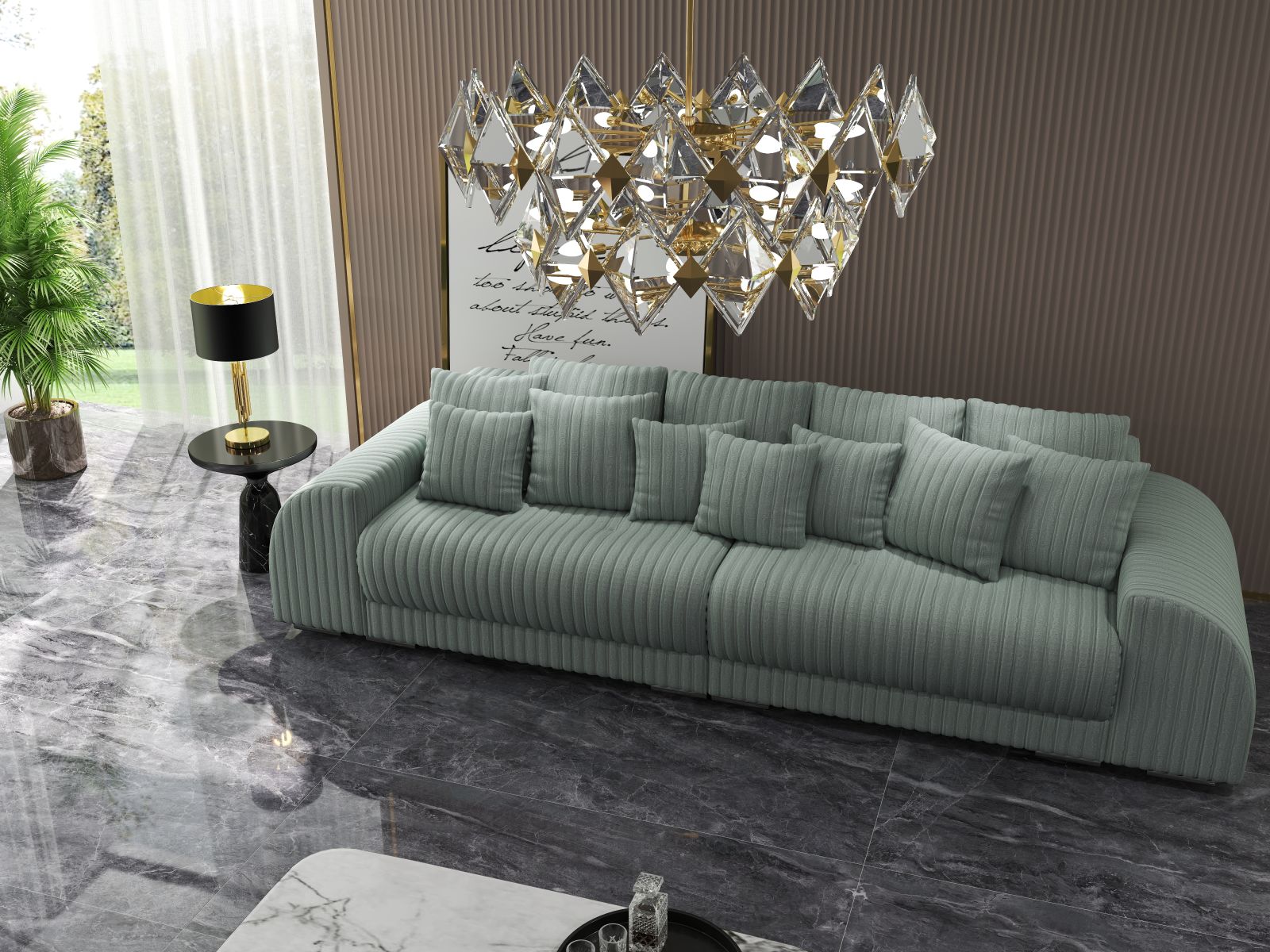 Canapea extensibilă dumonde cu 2 lăzi de depozitare si sezut confortabil din spuma HR, Verona Ambience Sage 310x100 cm Fabrica