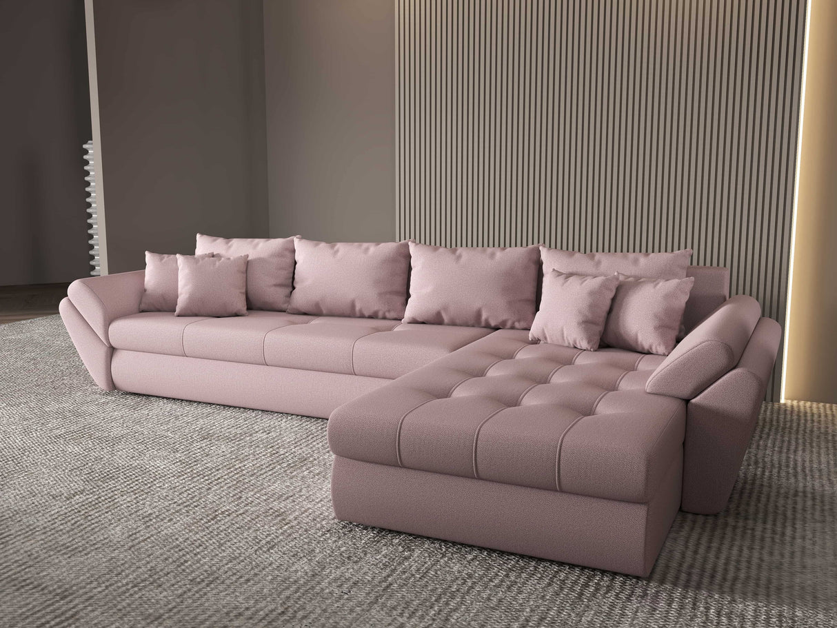 Colțar extensibil dumonde cu ladă de depozitare si sezut confortabil din spuma HR, Loana XL Enjoy Roz II 335x185 cm Fabrica